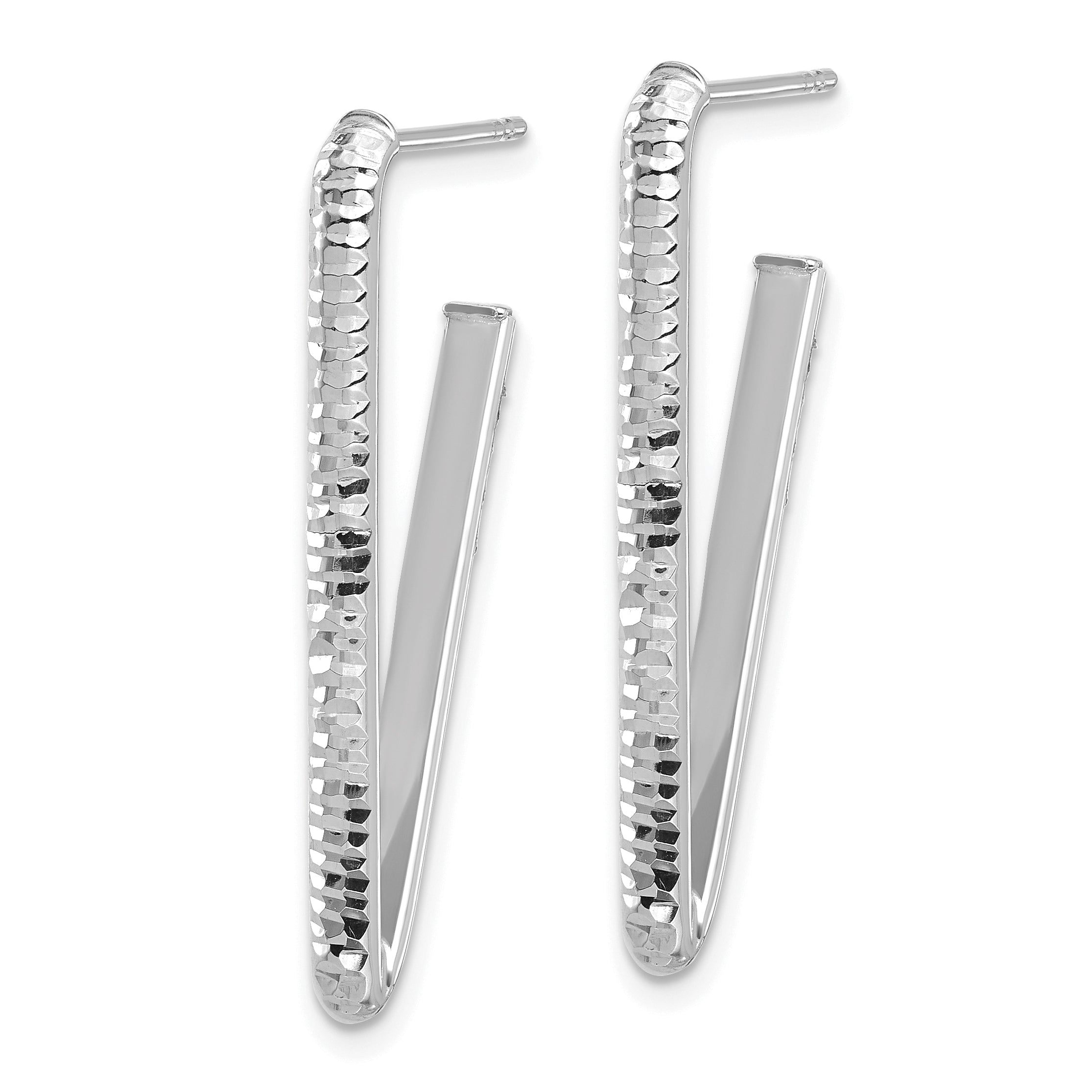 14K White Gold Polished/Dia.-cut Triangle J-Hoop Post Earrings