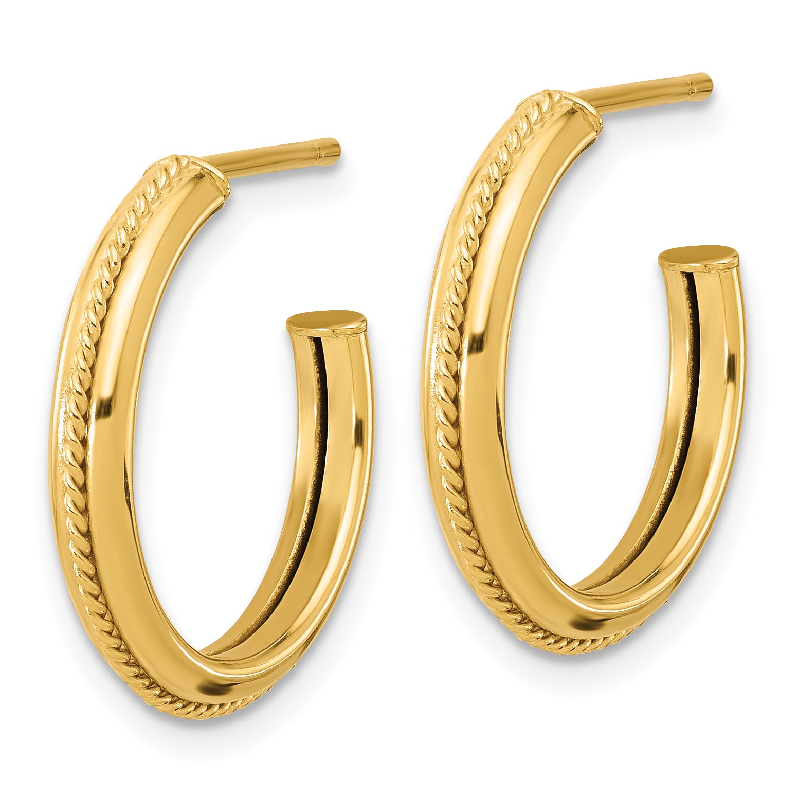 14K Polished and Textured Round J-Hoop Earrings