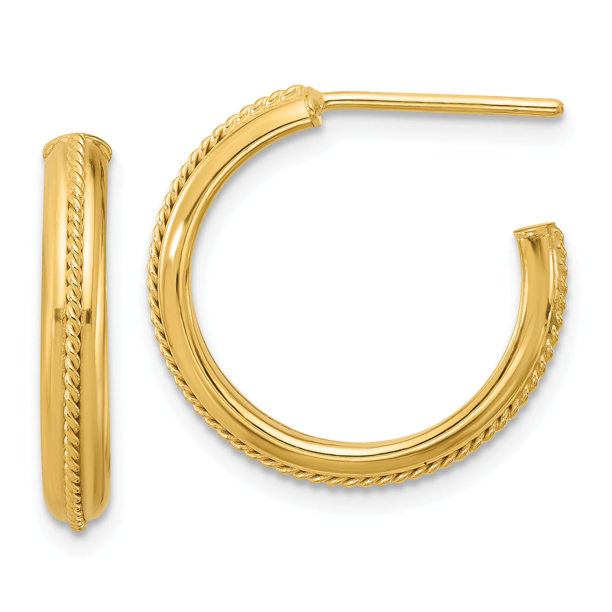 14K Polished and Textured Round J-Hoop Earrings