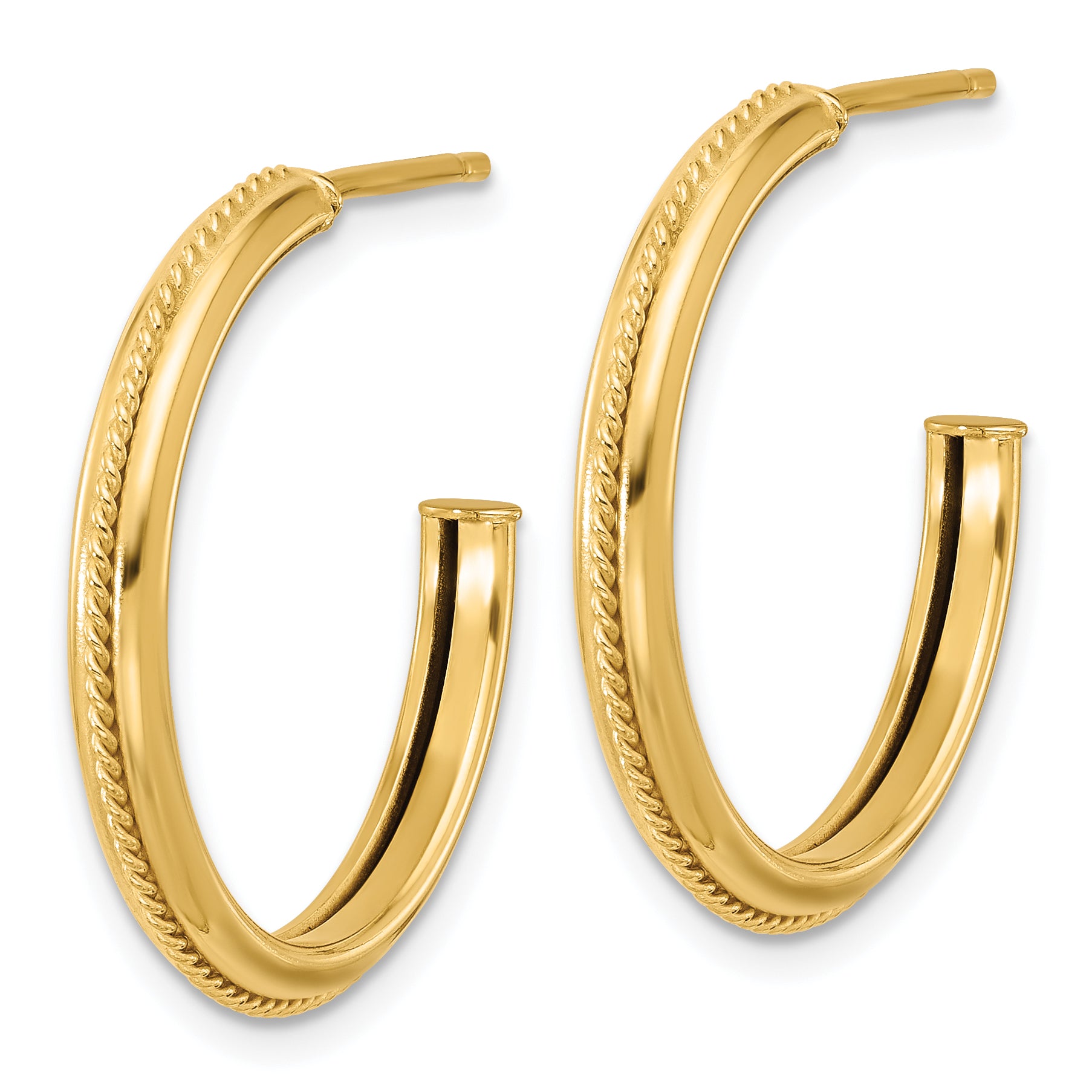 14K Polished and Textured Round J-Hoop Earrings