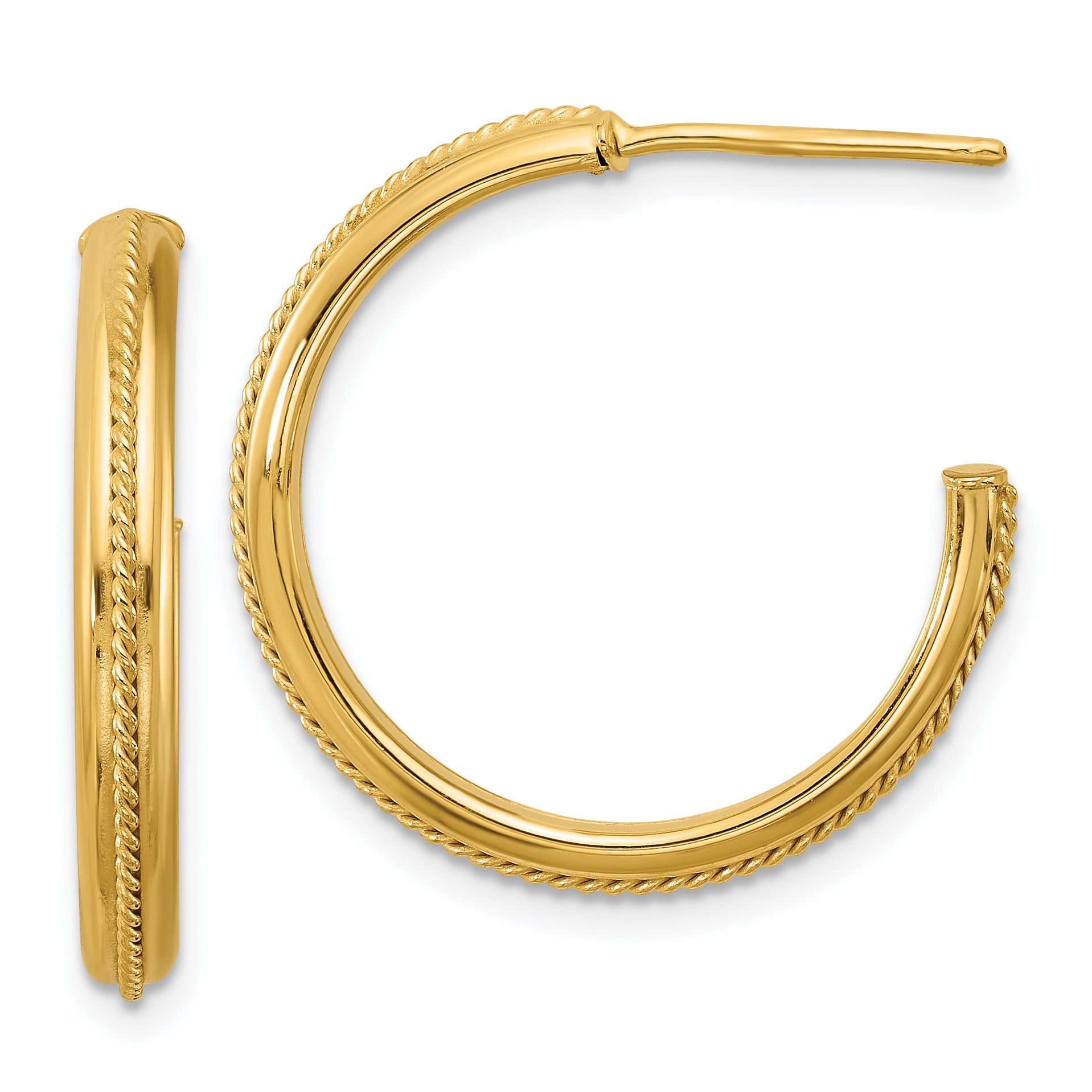 14K Polished and Textured Round J-Hoop Earrings