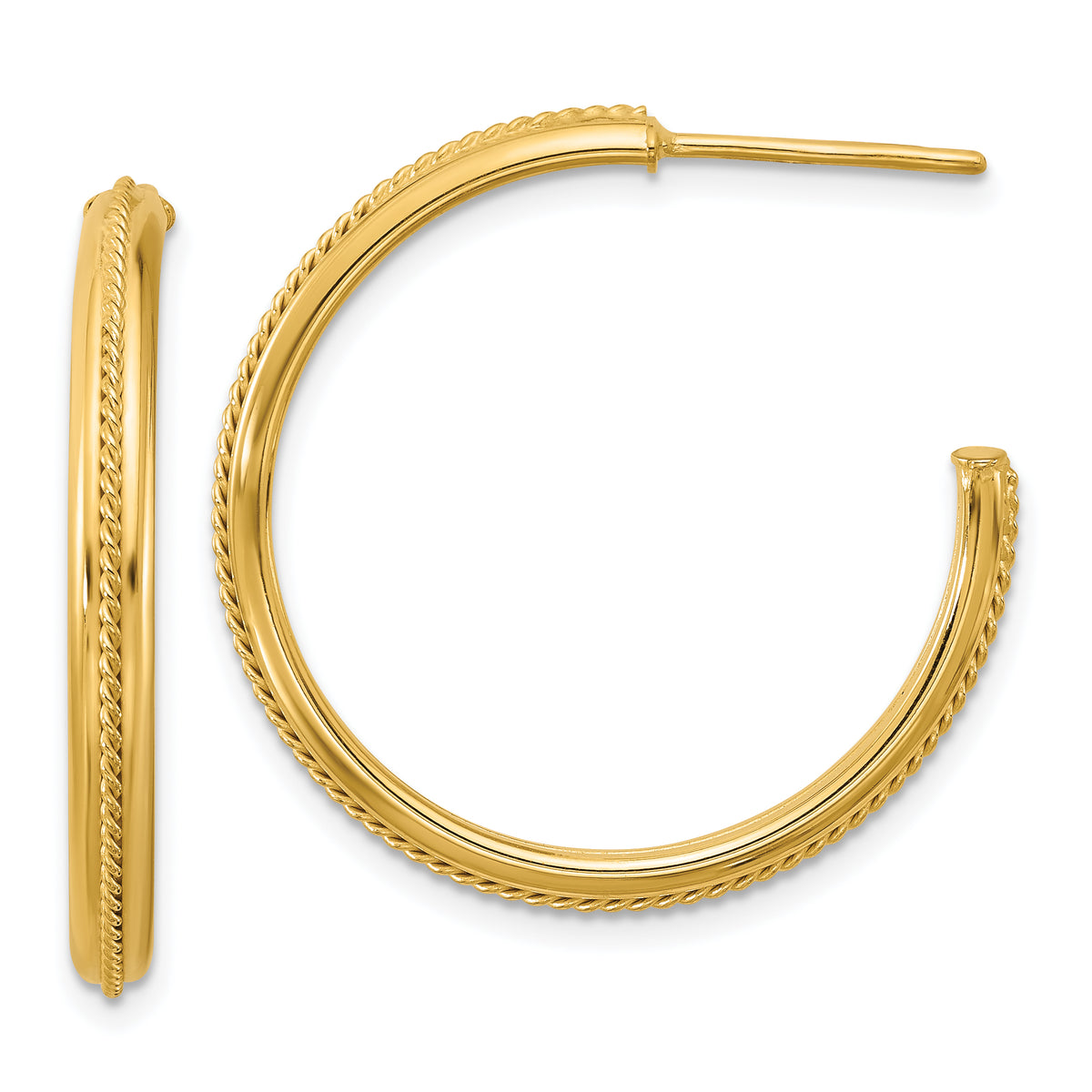 14K Polished and Textured Round J-Hoop Earrings