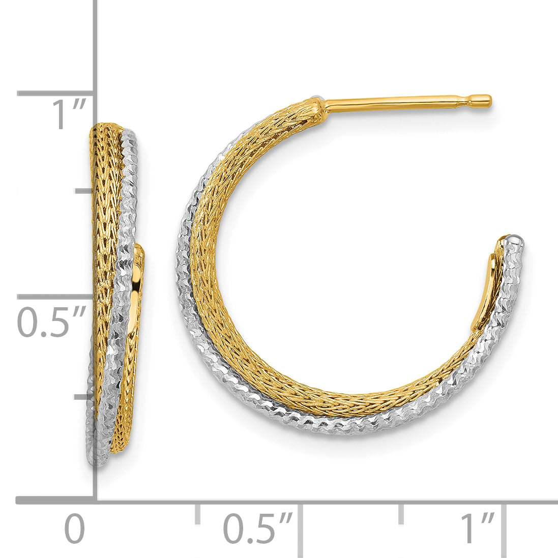 14K w/Rhodium Polished/Textured/Dia-cut J-Hoop Earrings