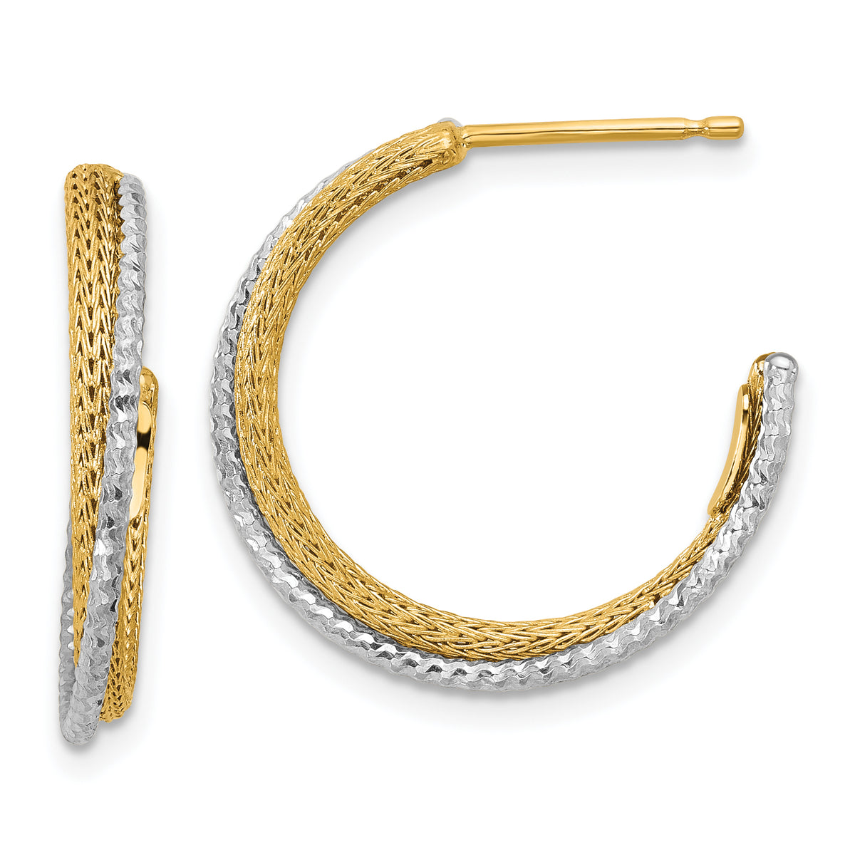 14K w/Rhodium Polished/Textured/Dia-cut J-Hoop Earrings