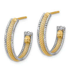 14K w/Rhodium Polished/Textured/Dia-cut J-Hoop Earrings