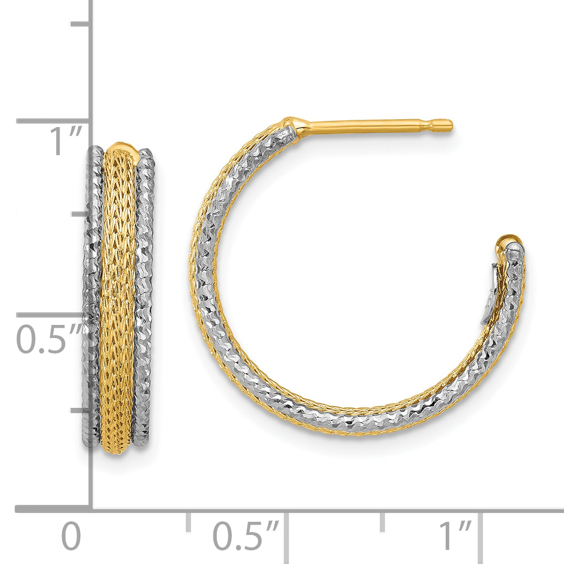 14K w/Rhodium Polished/Textured/Dia-cut J-Hoop Earrings