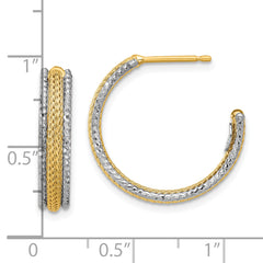 14K w/Rhodium Polished/Textured/Dia-cut J-Hoop Earrings