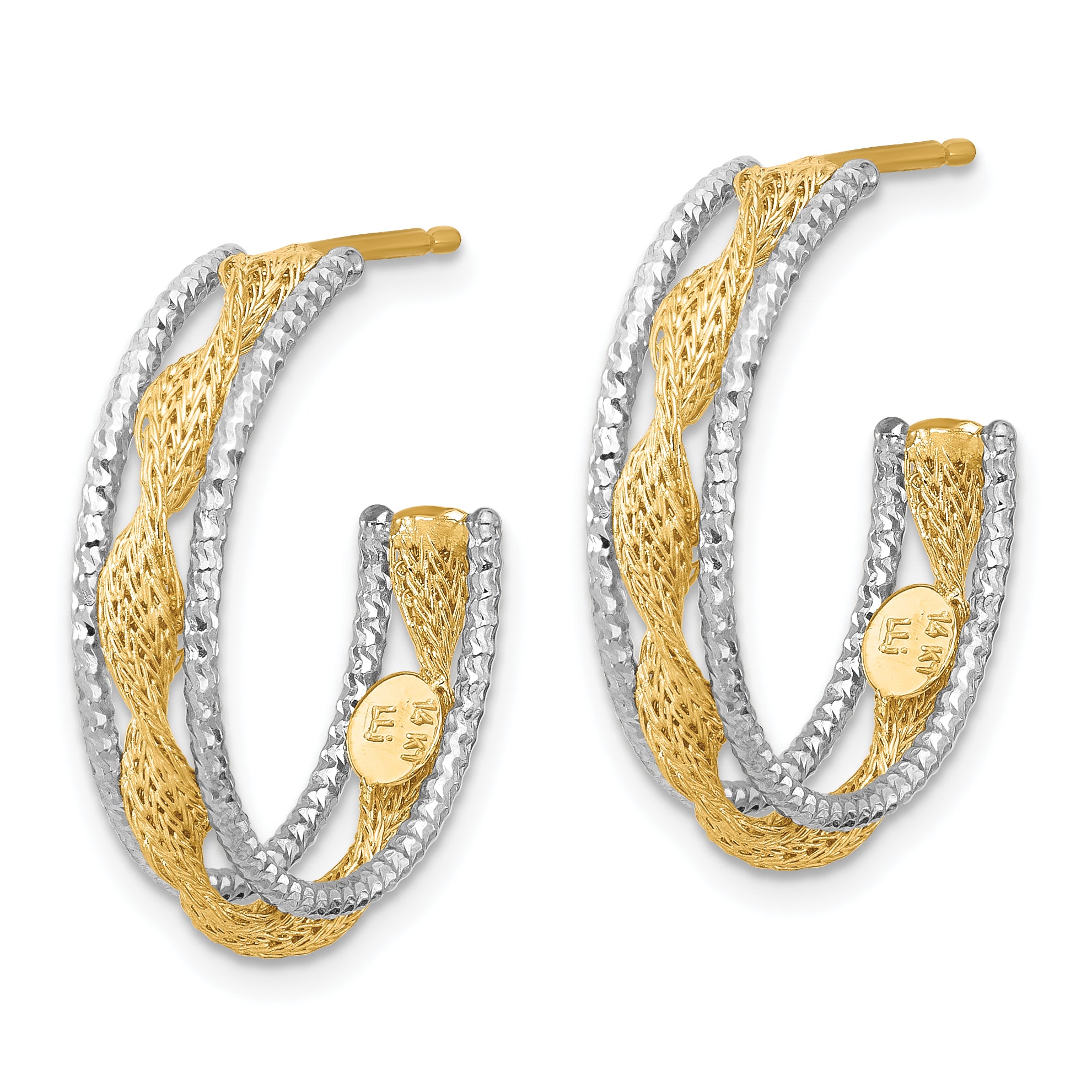 14K w/Rhodium Polished/Textured/Dia-cut Twist J-Hoop Earrings