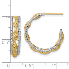 14K w/Rhodium Polished/Textured/Dia-cut Twist J-Hoop Earrings