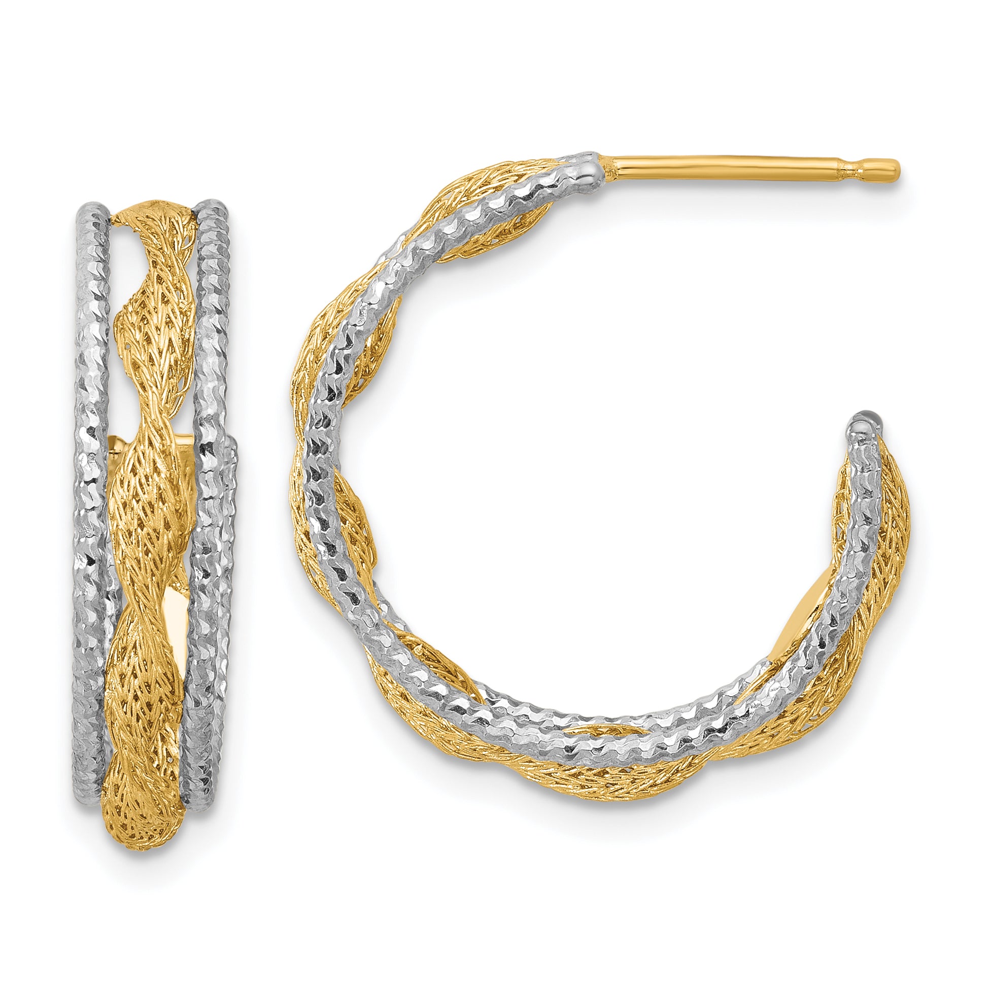 14K w/Rhodium Polished/Textured/Dia-cut Twist J-Hoop Earrings