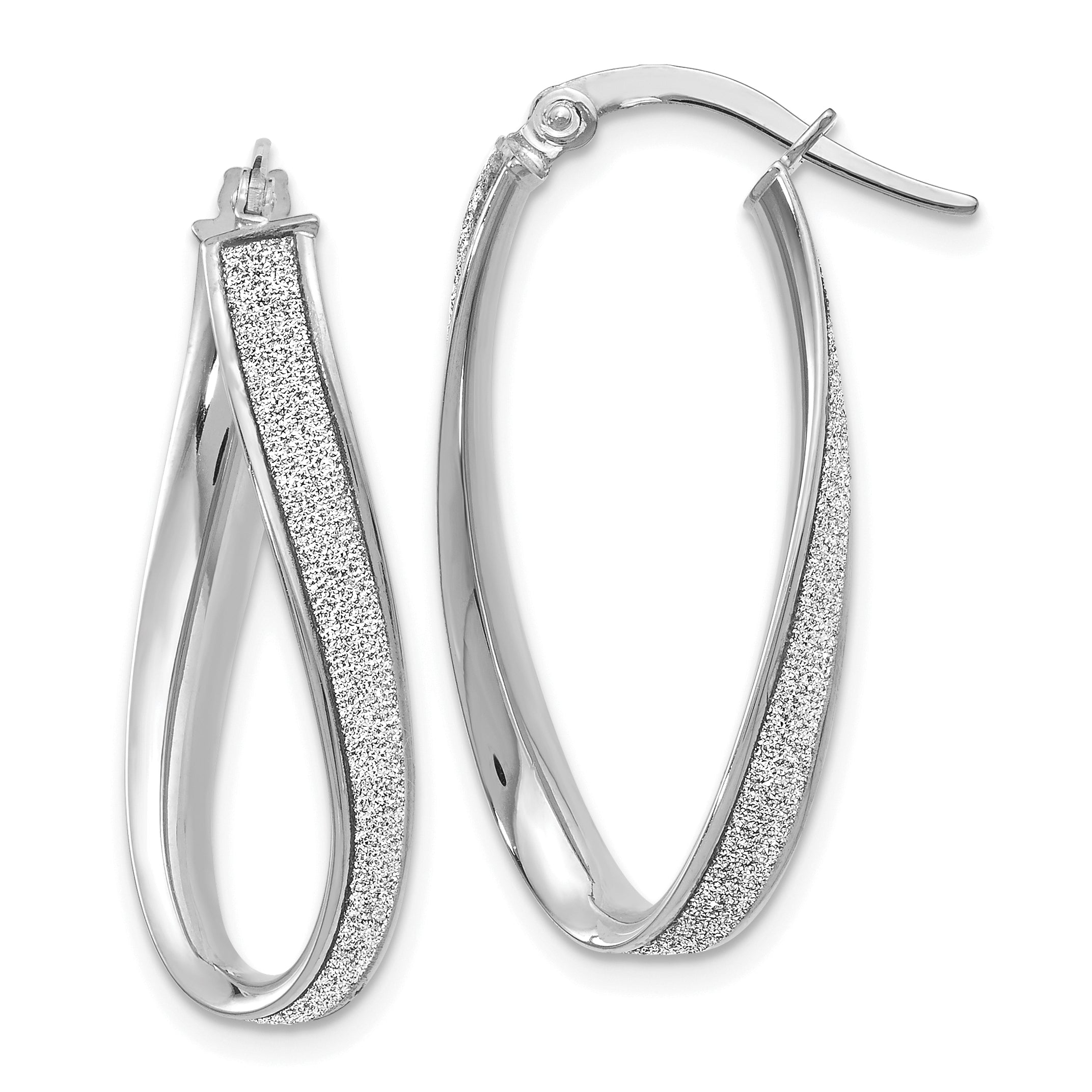 14K White Gold Polished Glimmer Infused Oval Hoop Earrings