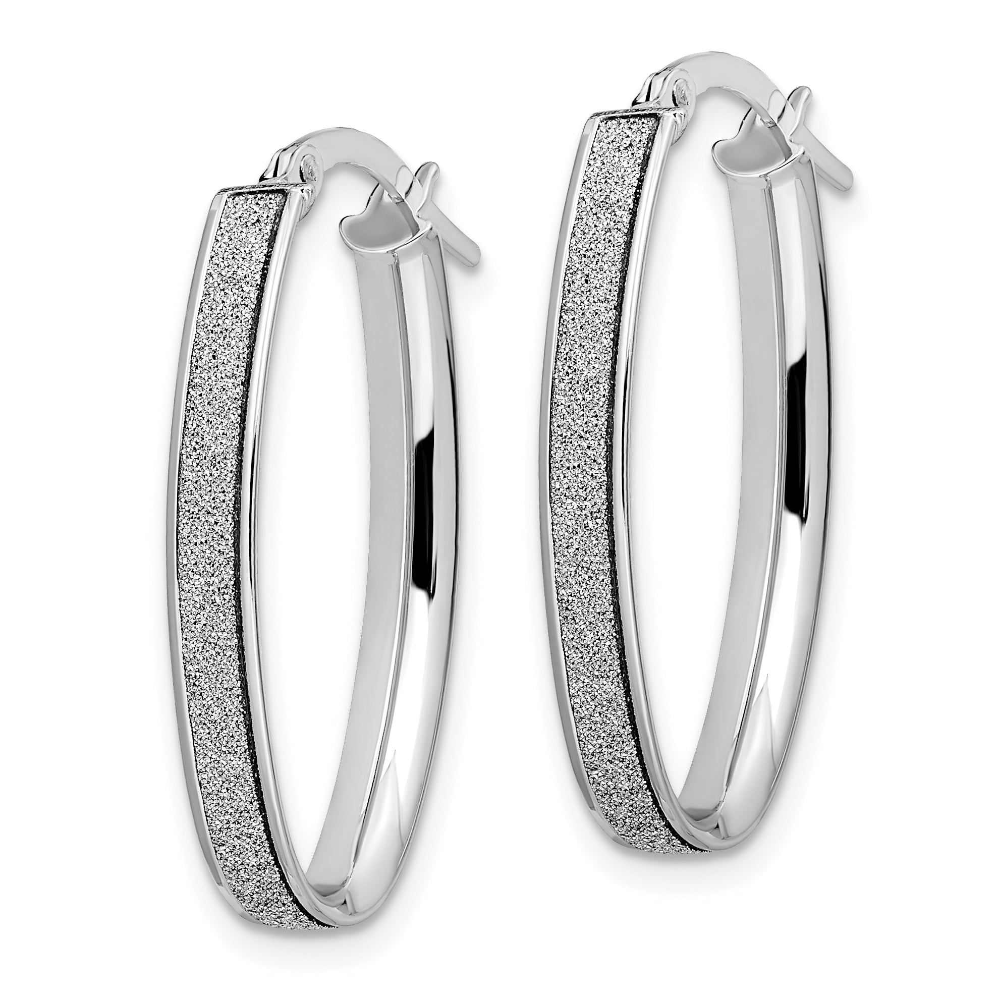 14K White Gold Polished Glimmer Infused Oval Hoop Earrings