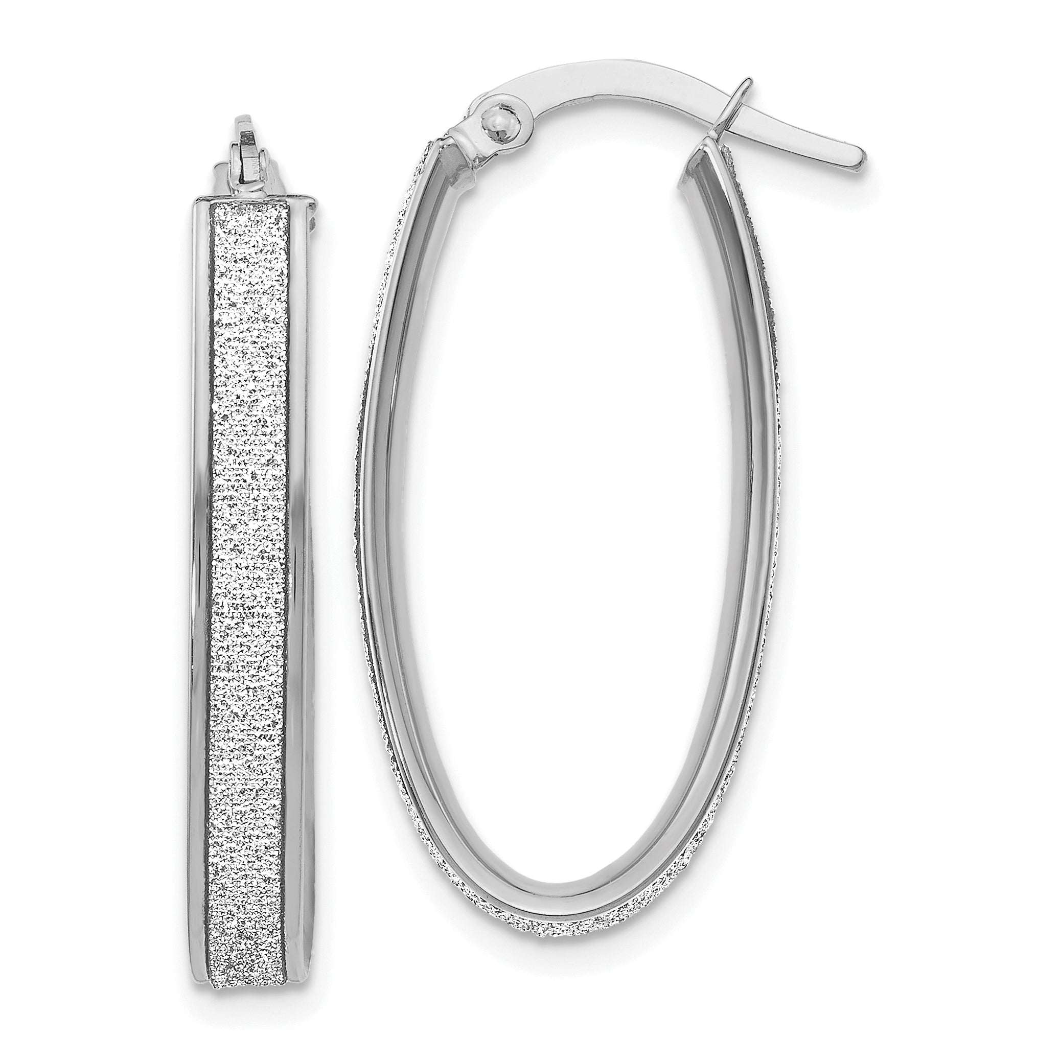 14K White Gold Polished Glimmer Infused Oval Hoop Earrings