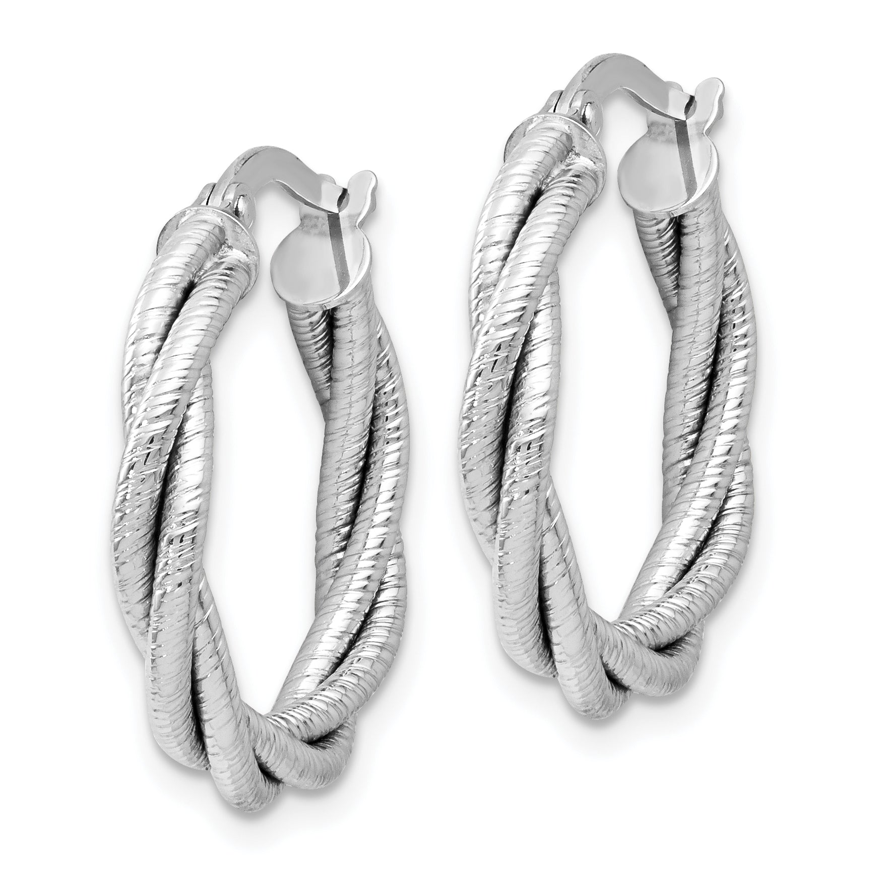 14K White Gold Twisted Triple Hoop Earrings with Polished Rhodium Finish