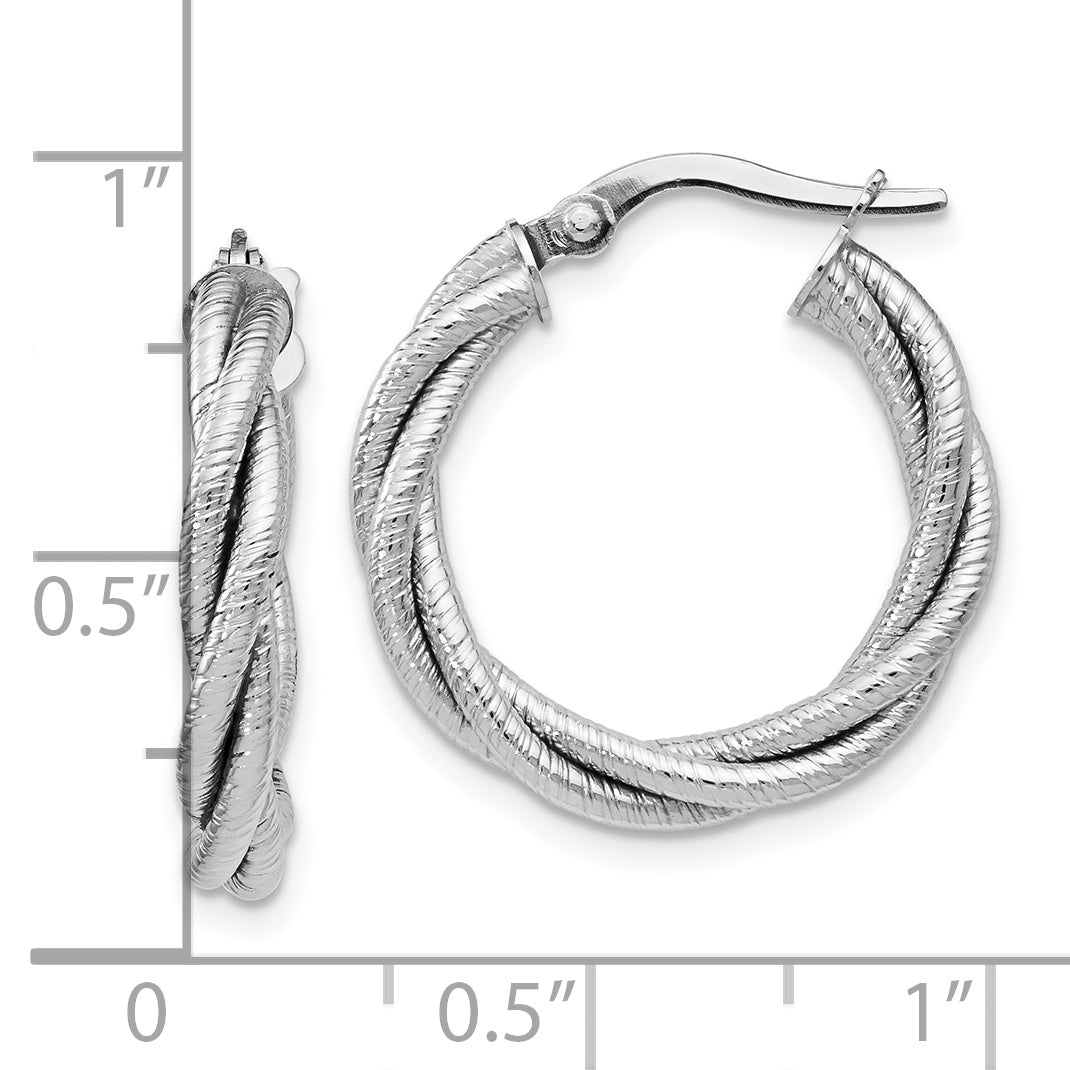 14K White Gold Twisted Triple Hoop Earrings with Polished Rhodium Finish