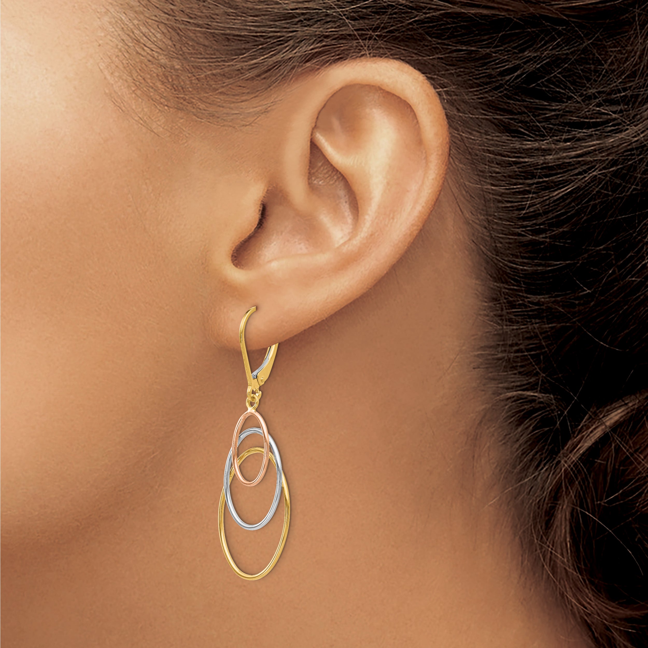 14K Tri-Color Gold Leverback Earrings with Polished Textured Finish