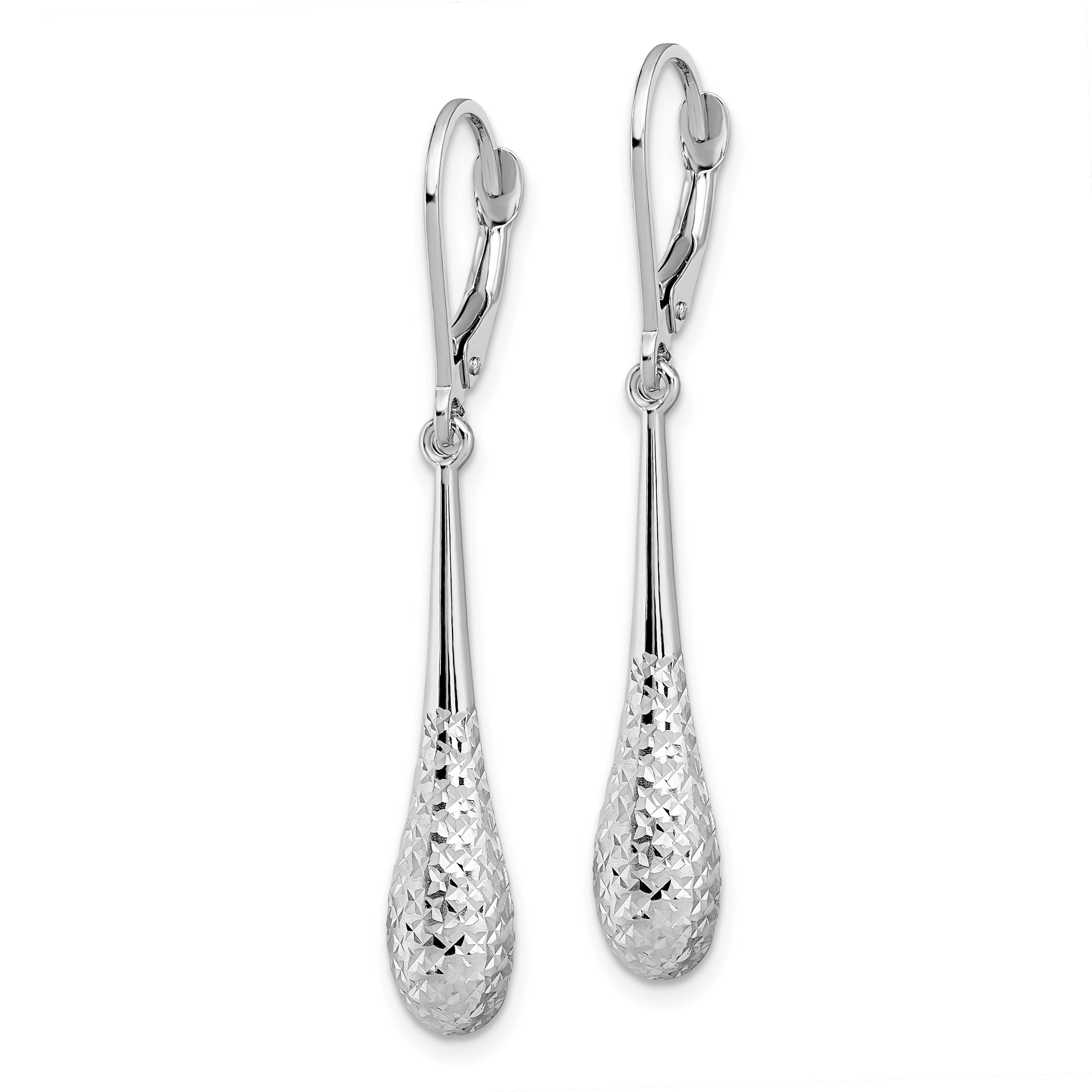 14K White Gold Diamond-Cut Leverback Earrings with Polished Rhodium Finish