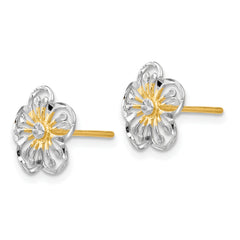 14K Gold Polished Button Earrings with White Rhodium & Diamond-Cut Finish