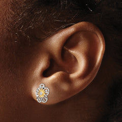 14K Gold Polished Button Earrings with White Rhodium & Diamond-Cut Finish