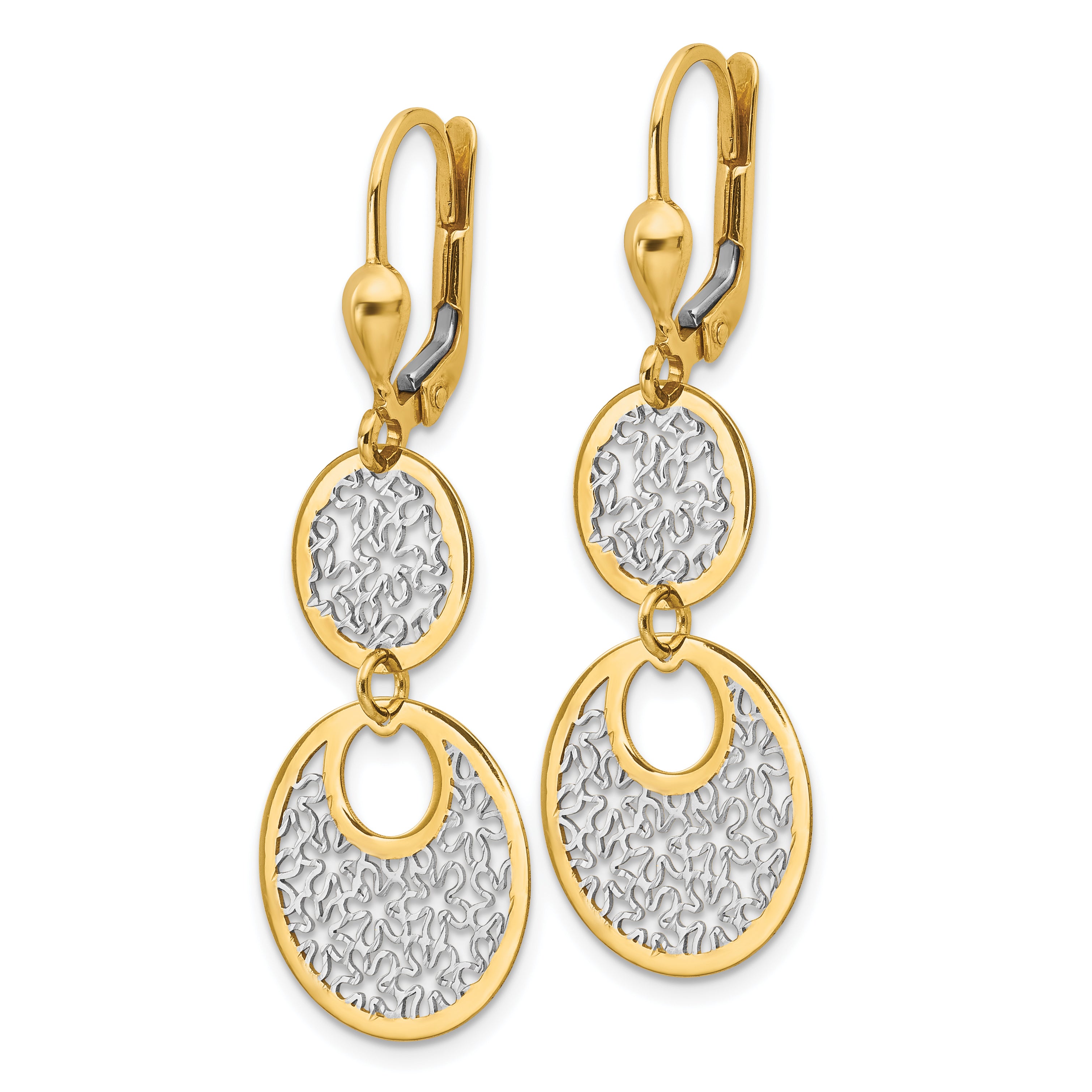 14K Gold Drop Earrings with White Rhodium Textured Finish Leverback