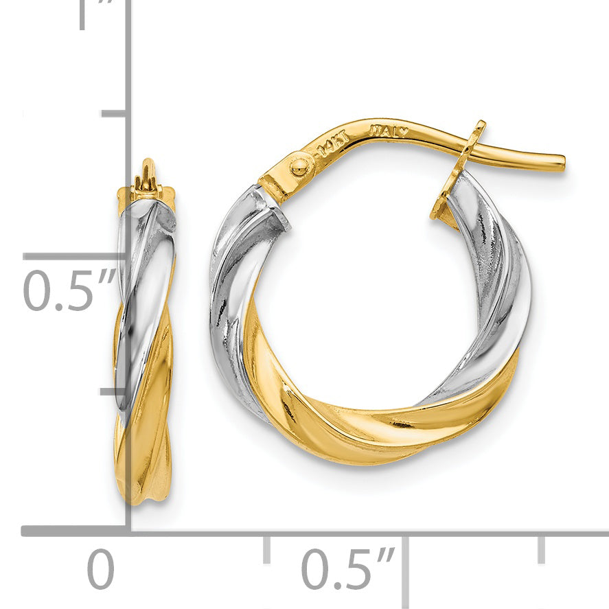 14K Gold Polished Hoop Earrings with White Rhodium Plating and Twisted Design