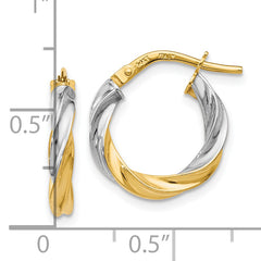 14K Gold Polished Hoop Earrings with White Rhodium Plating and Twisted Design