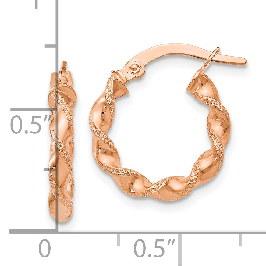 14K Rose Gold Twisted Hoop Earrings with Polished Finish and Rhodium Plating