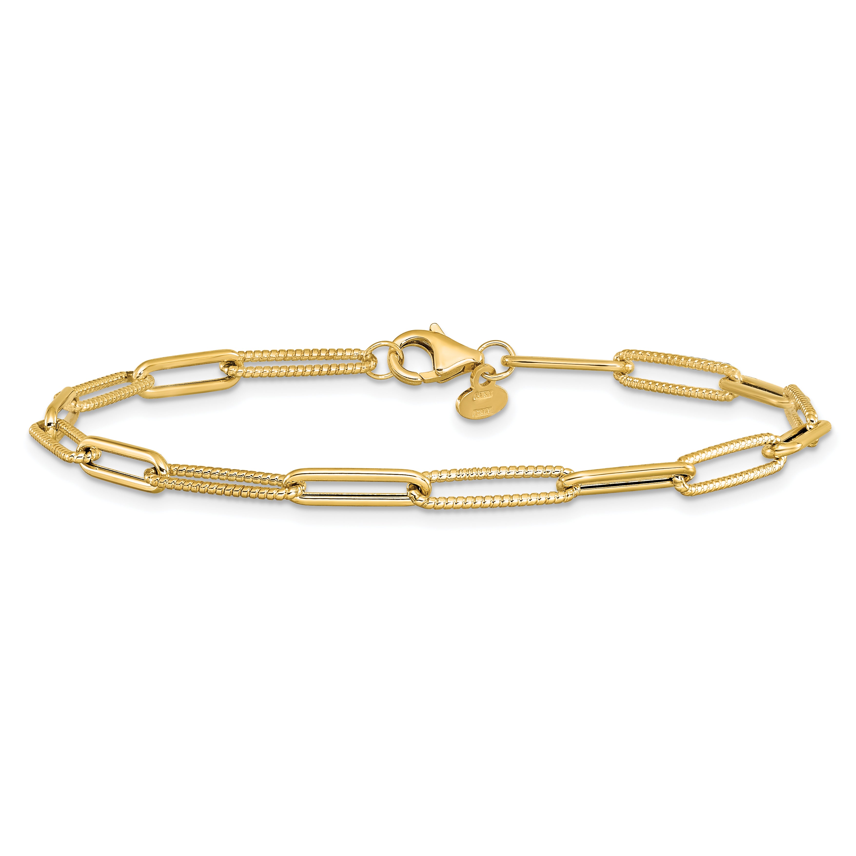 14K Polished and Textured Paperclip Link Bracelet