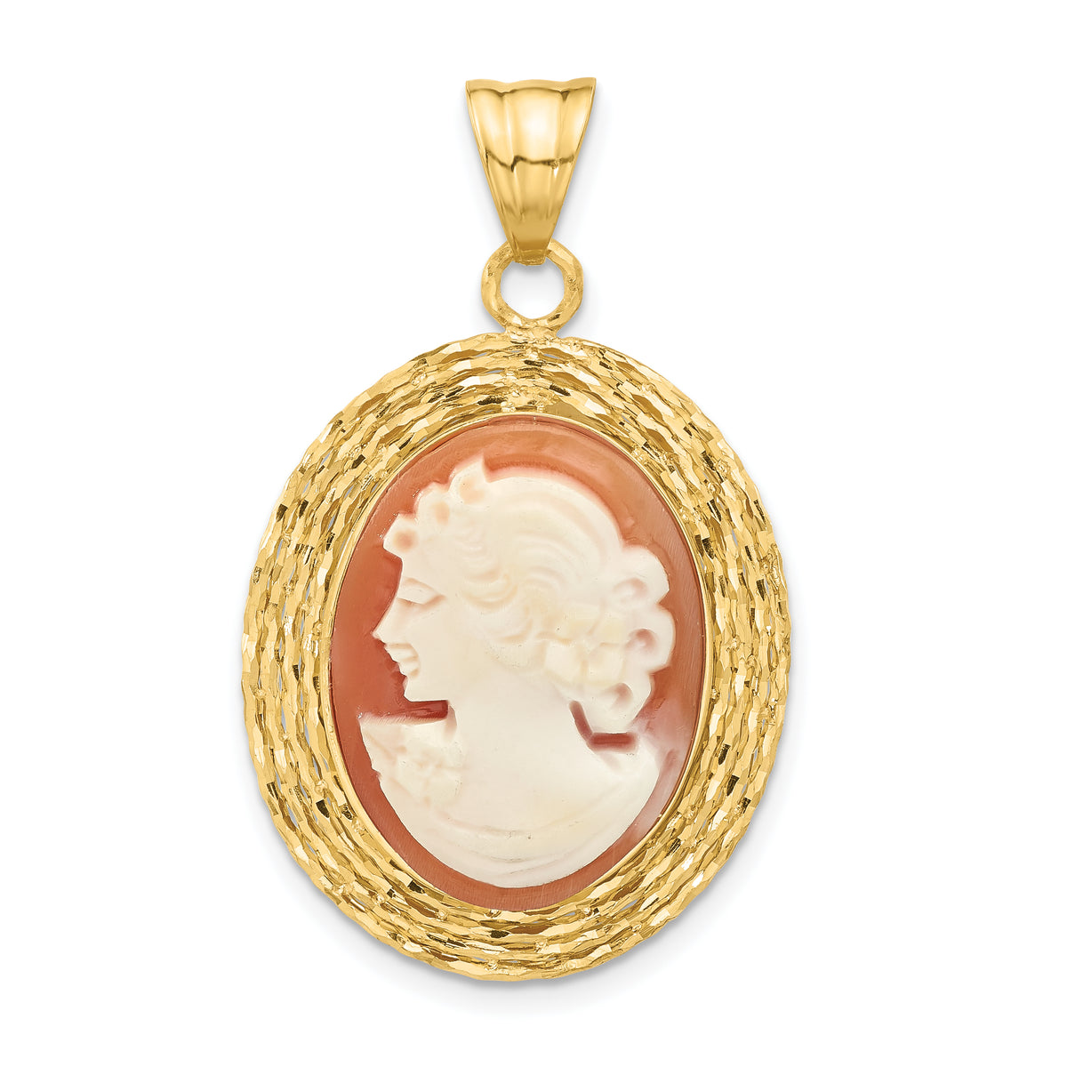 14K Diamond-cut Natural Shell Portrait Cameo Pendant