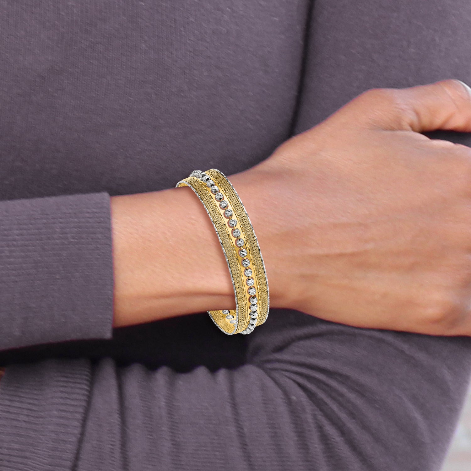 14K Two-tone Diamond-cut and Textured with Safety Chain Bangle