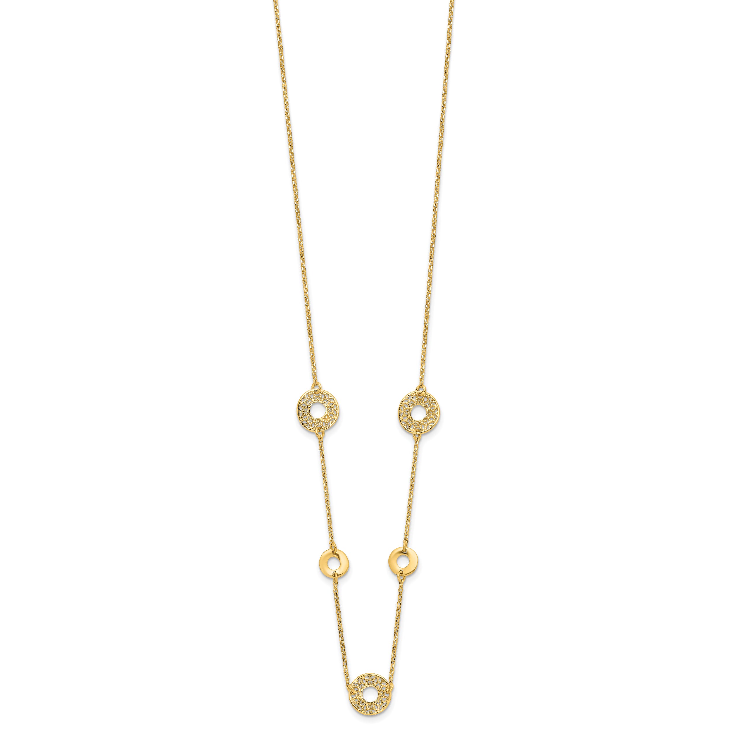 14K Polished and Filigree Circle Stations with 1in. ext. Necklace