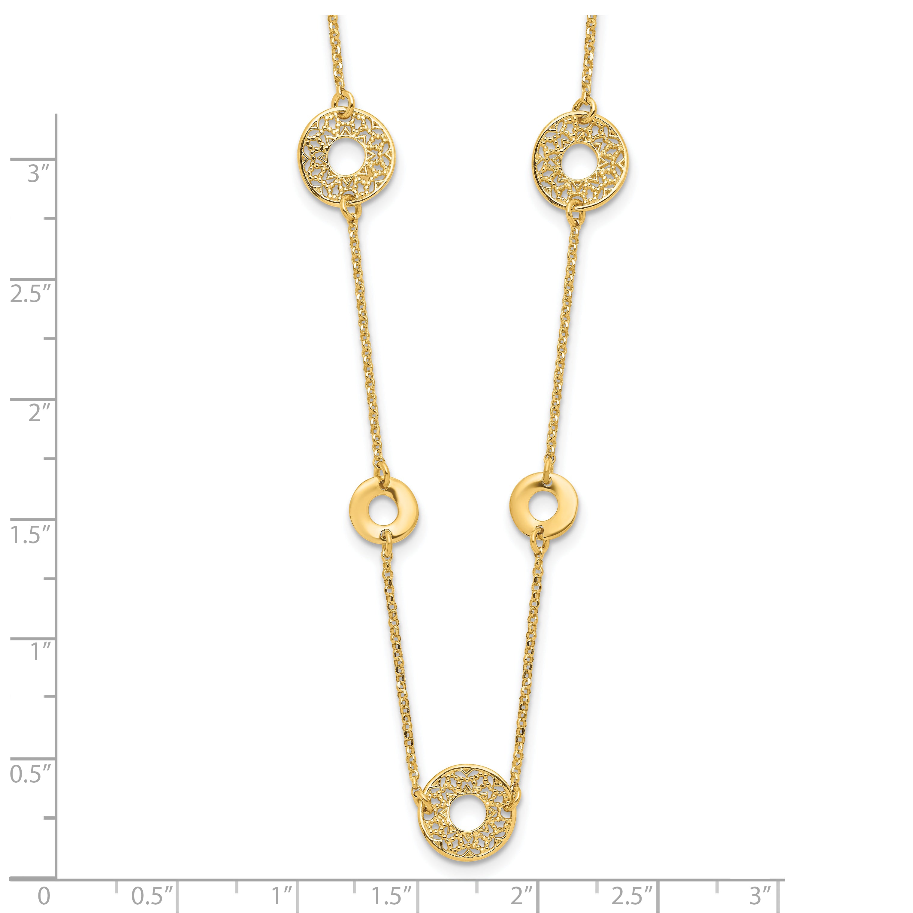 14K Polished and Filigree Circle Stations with 1in. ext. Necklace