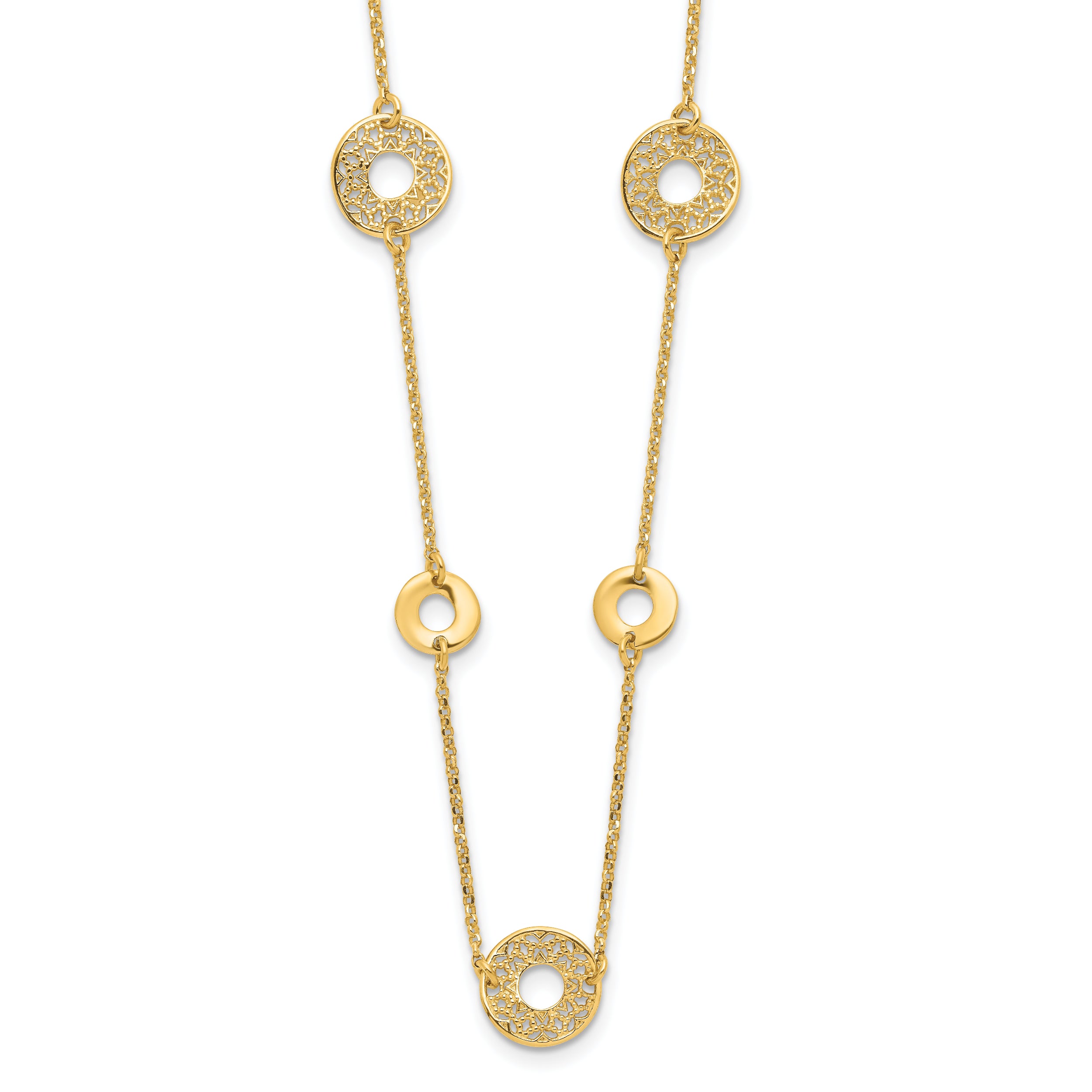 14K Polished and Filigree Circle Stations with 1in. ext. Necklace