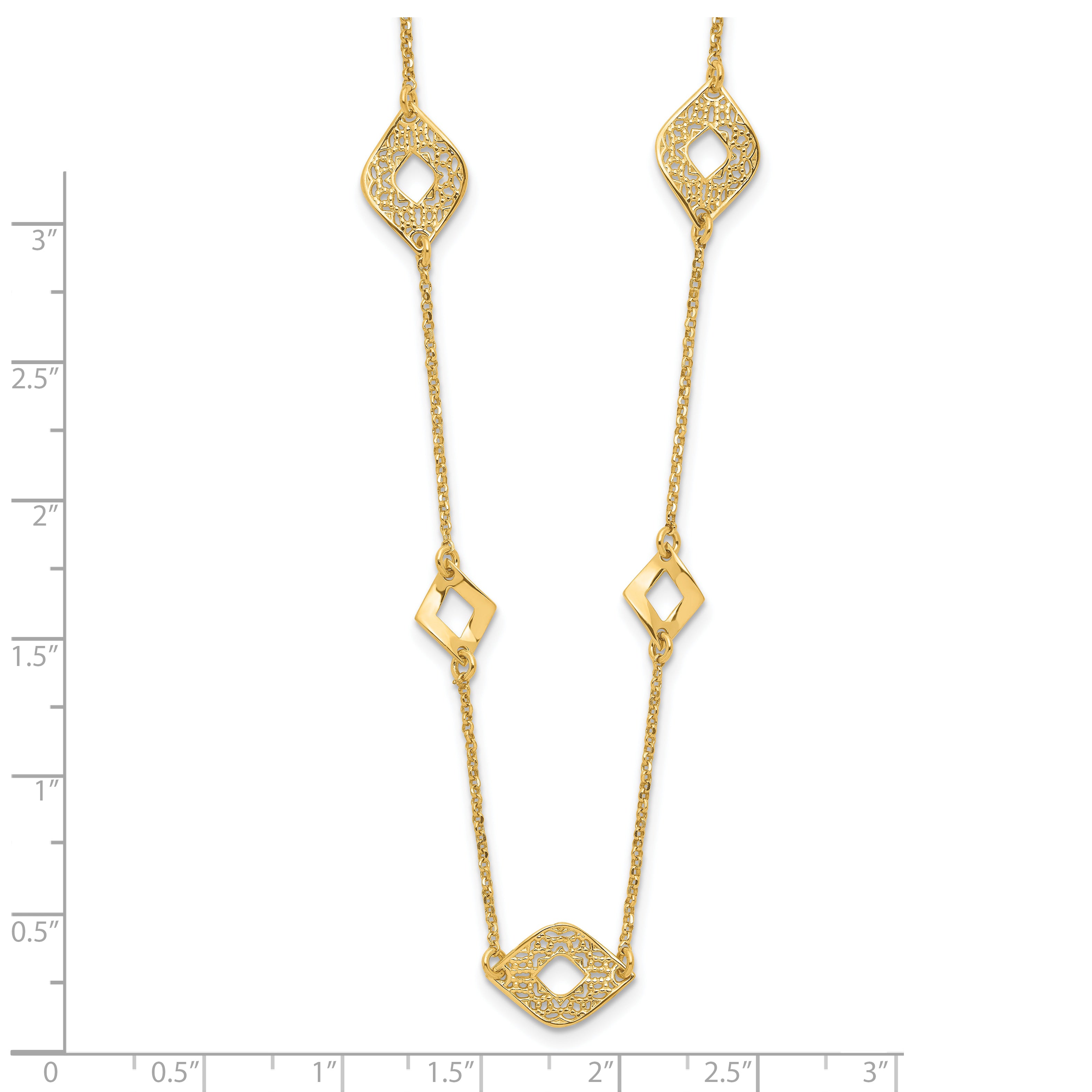 14K Polished and Filigree Diamond Shape with 1in. ext. Necklace