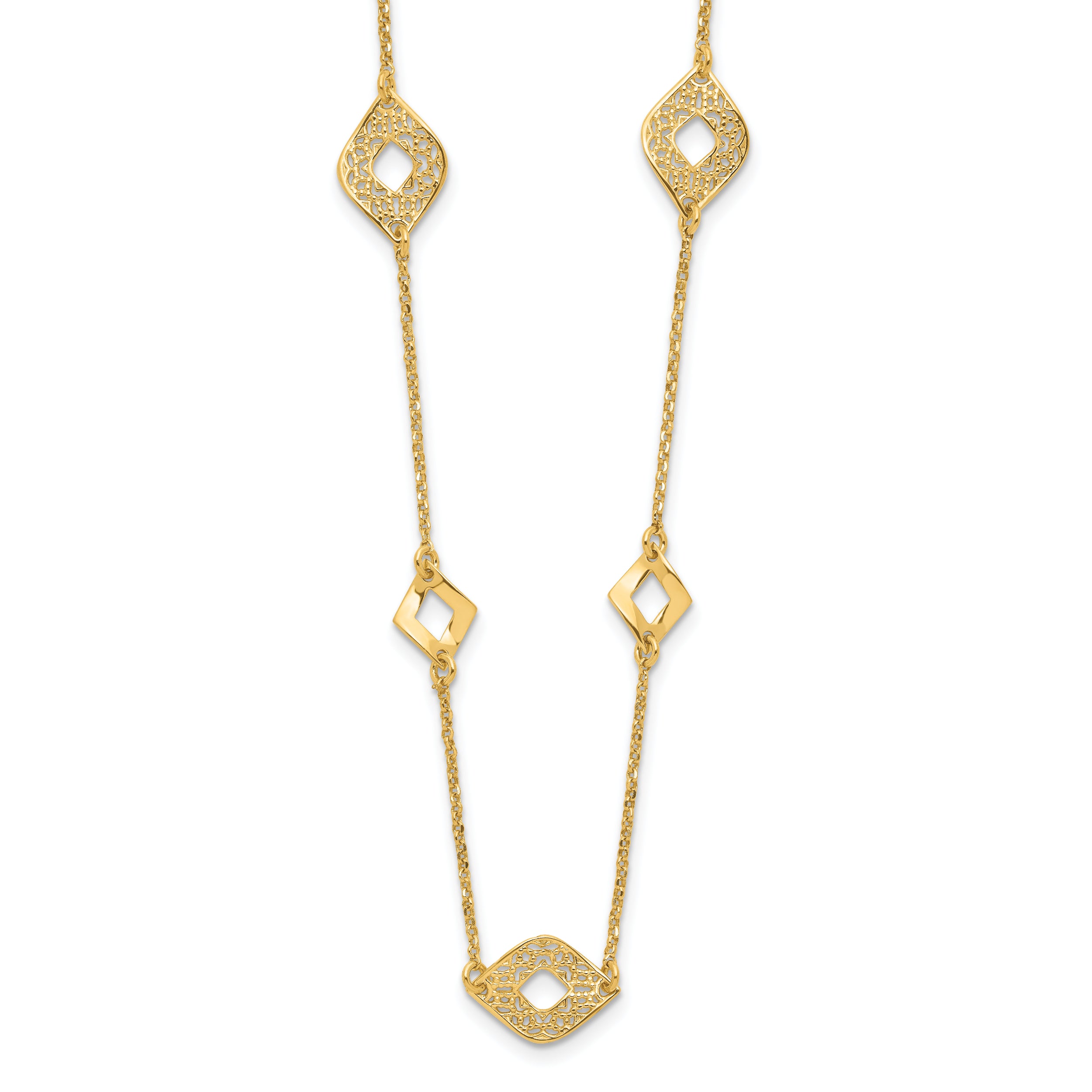 14K Polished and Filigree Diamond Shape with 1in. ext. Necklace