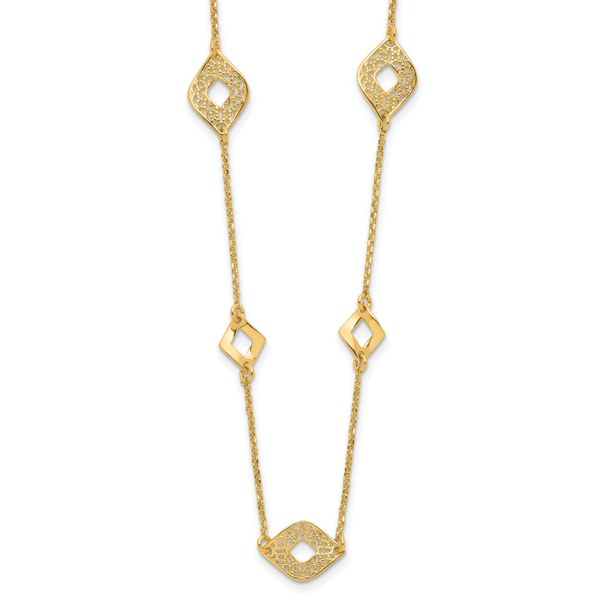 14K Polished and Filigree Diamond Shape with 1in. ext. Necklace