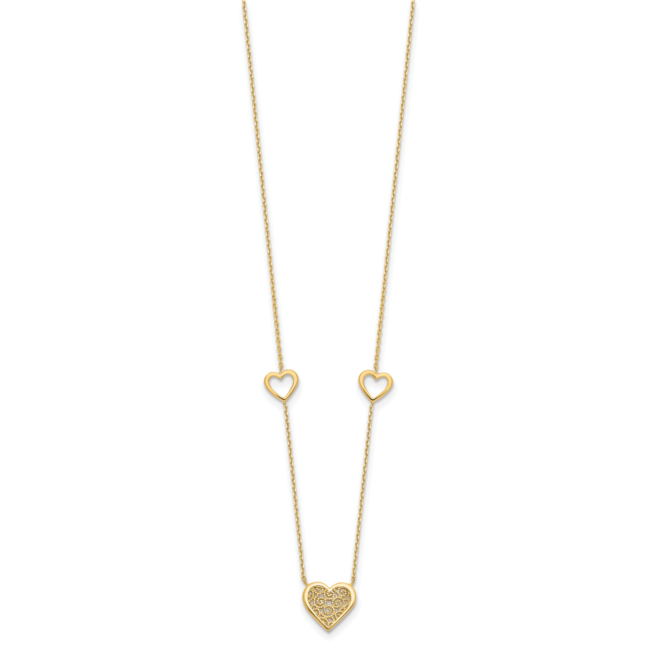 14K Polished and Filigree Heart Stations with 1in. ext. Necklace