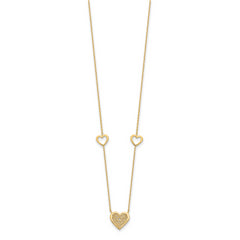 14K Polished and Filigree Heart Stations with 1in. ext. Necklace