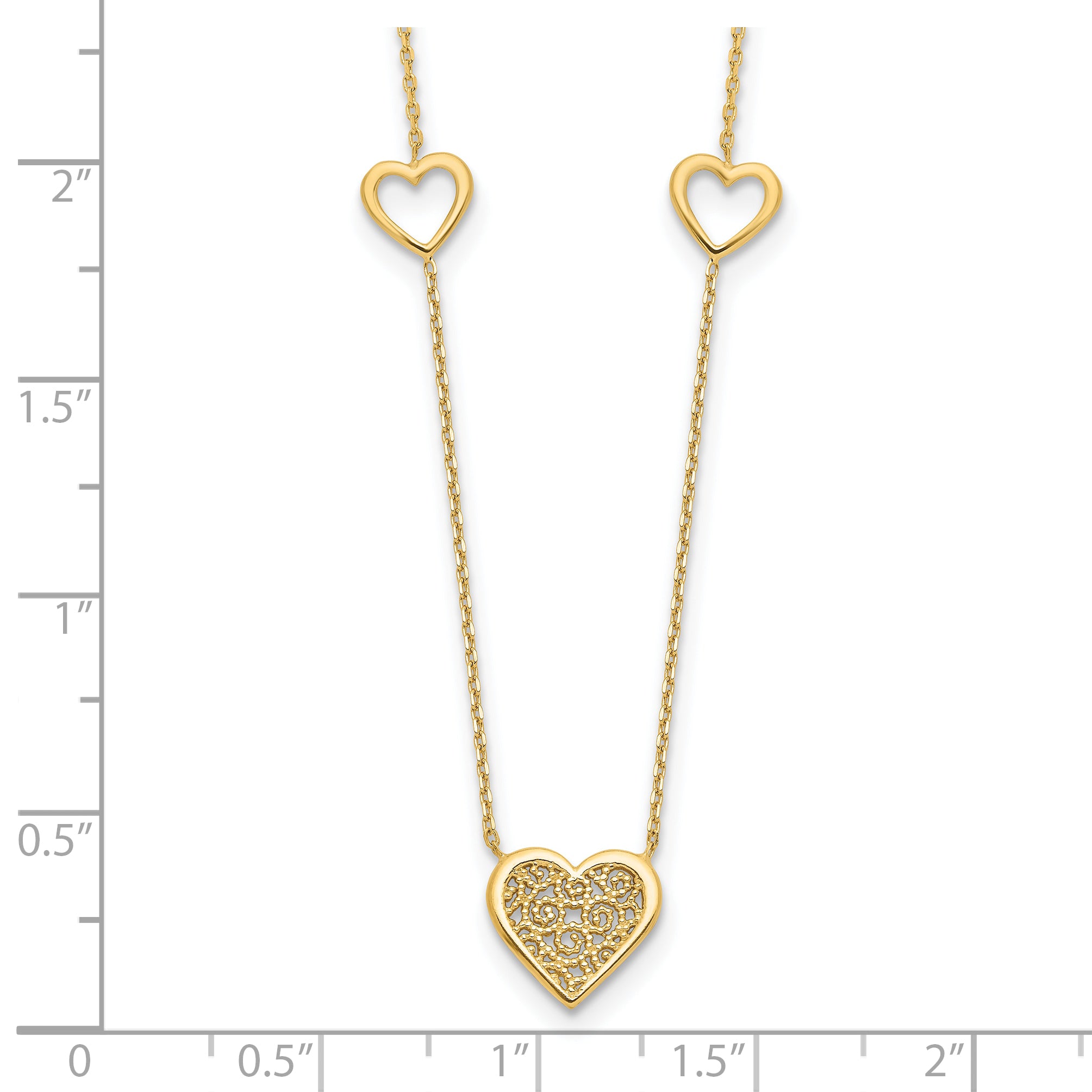 14K Polished and Filigree Heart Stations with 1in. ext. Necklace