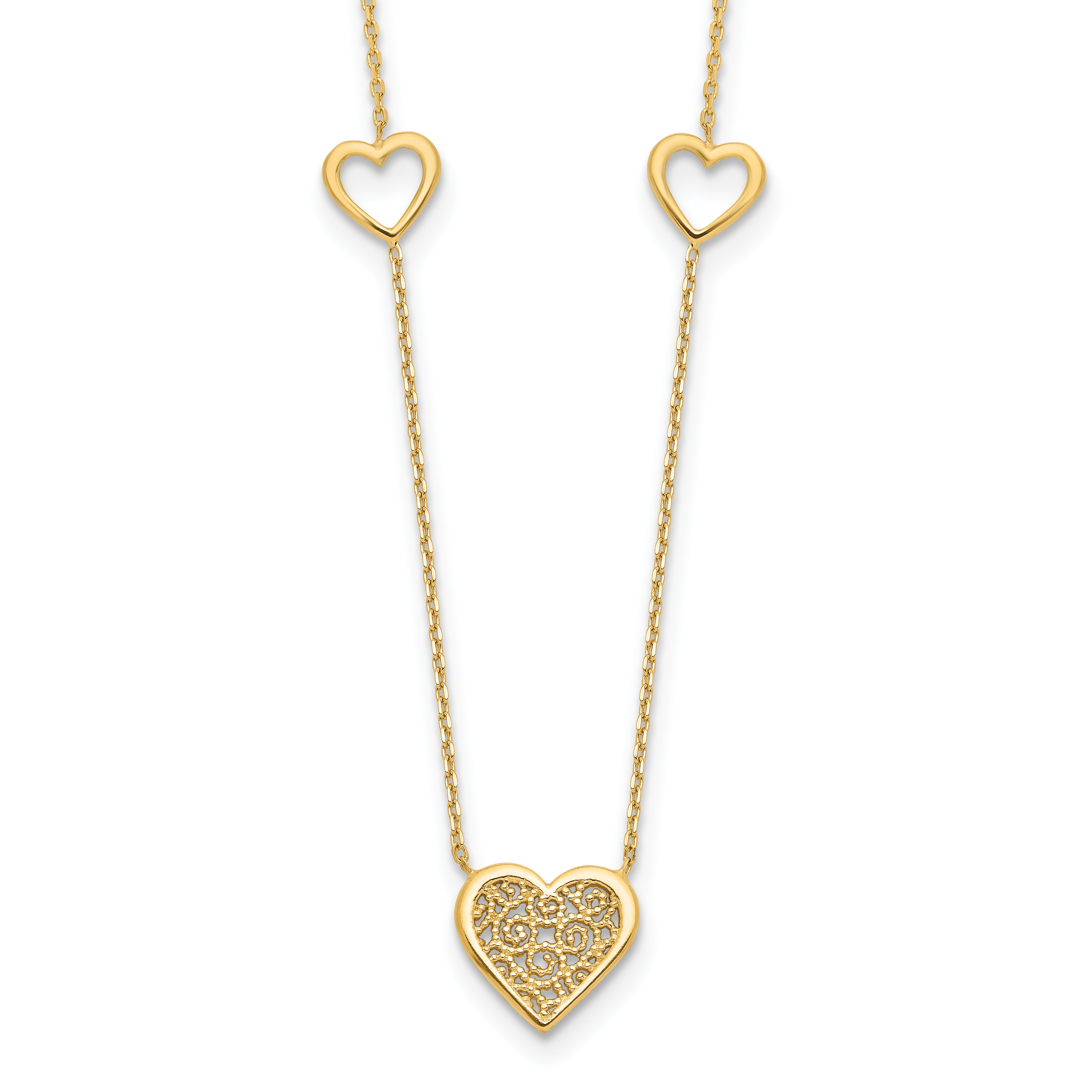 14K Polished and Filigree Heart Stations with 1in. ext. Necklace