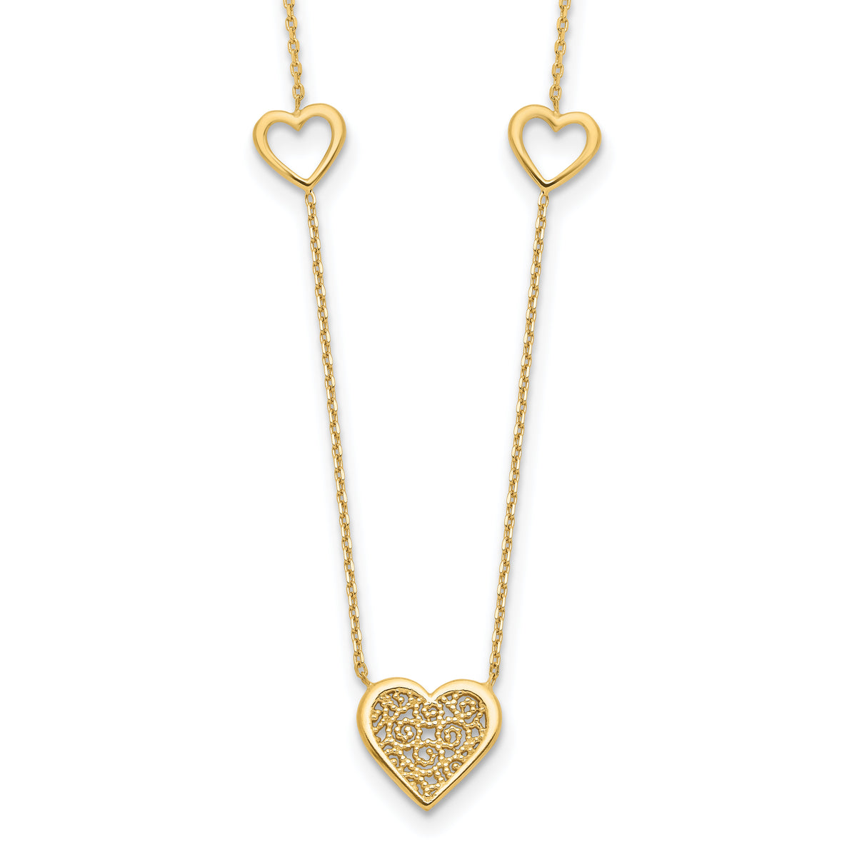 14K Polished and Filigree Heart Stations with 1in. ext. Necklace