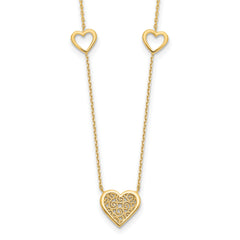 14K Polished and Filigree Heart Stations with 1in. ext. Necklace