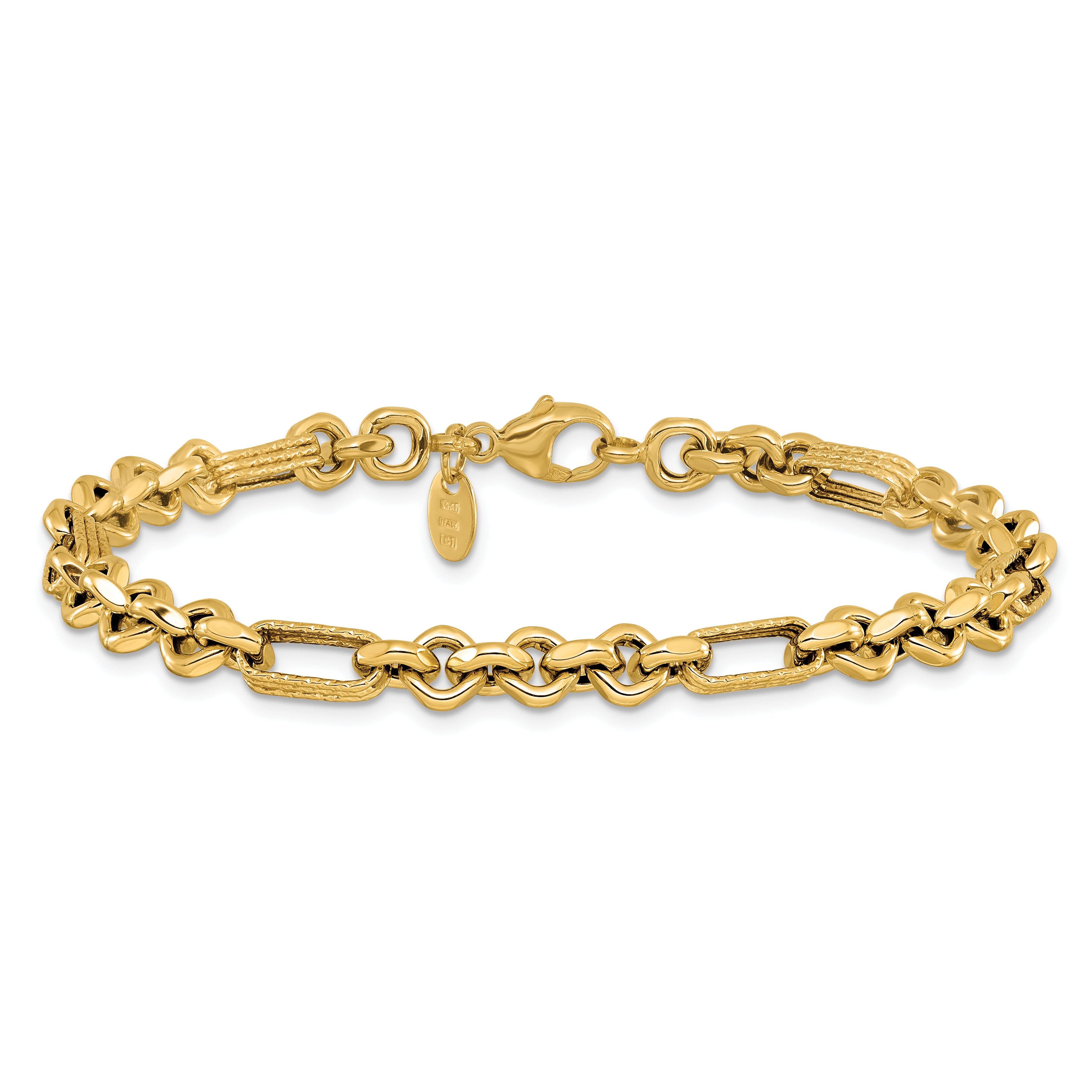 14K Polished and Textured Fancy Link Bracelet