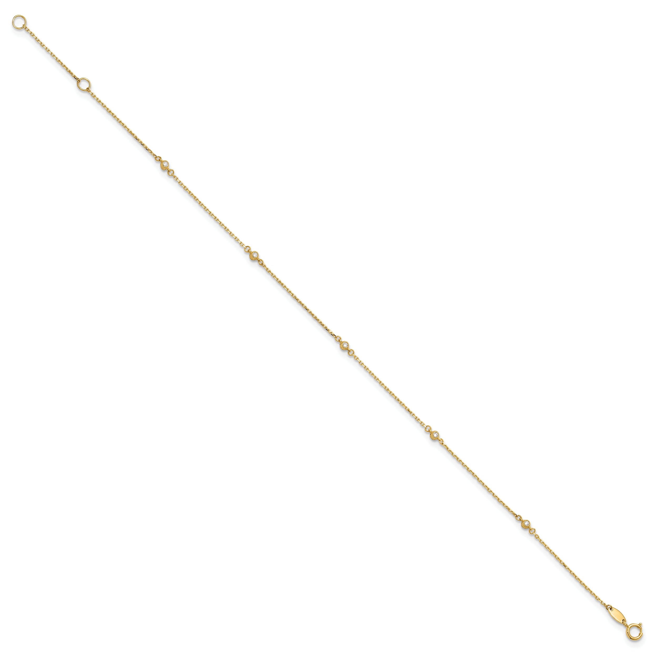 14K Polished CZ Station 9in Plus 1in. ext. Anklet