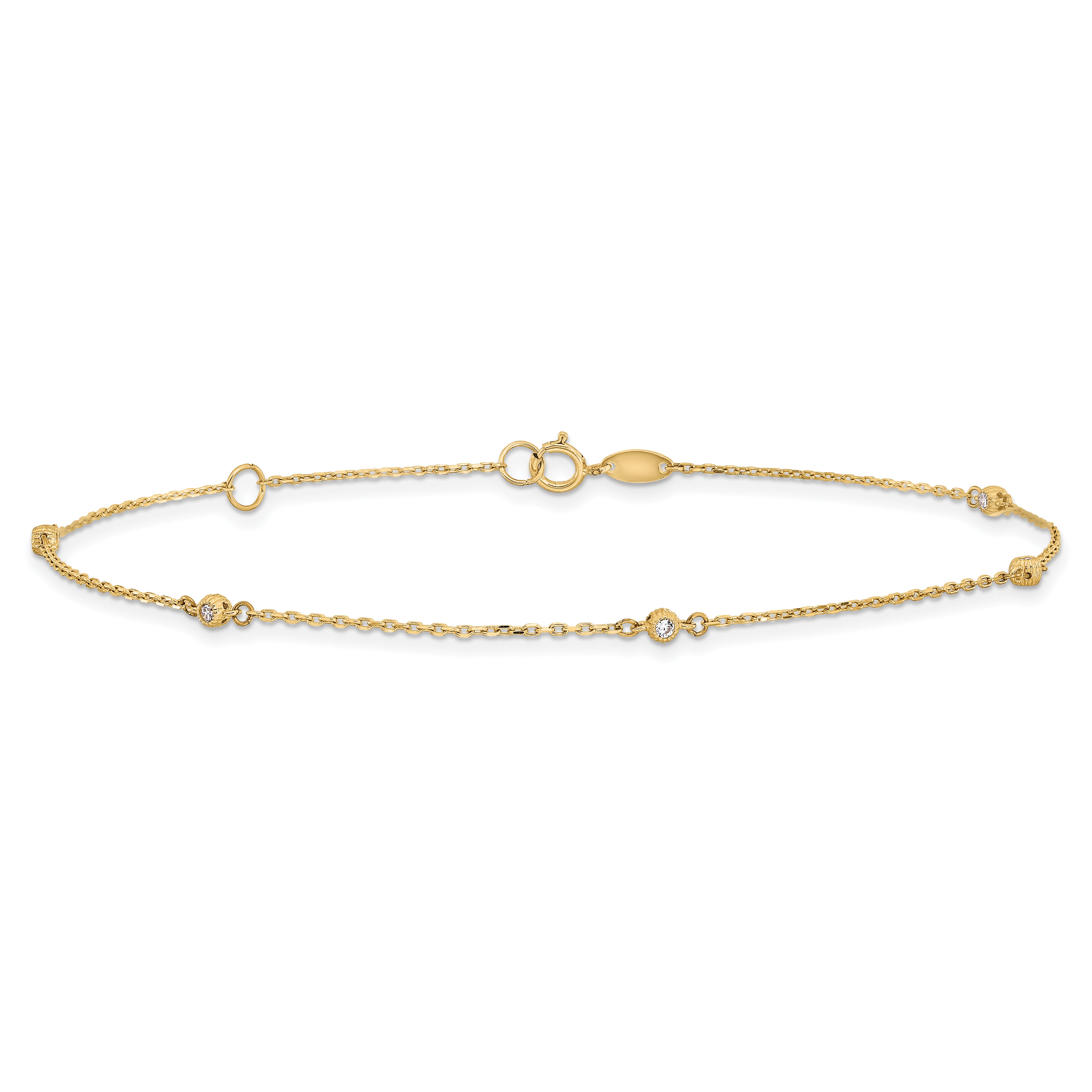 14K Polished CZ Station 9in Plus 1in. ext. Anklet