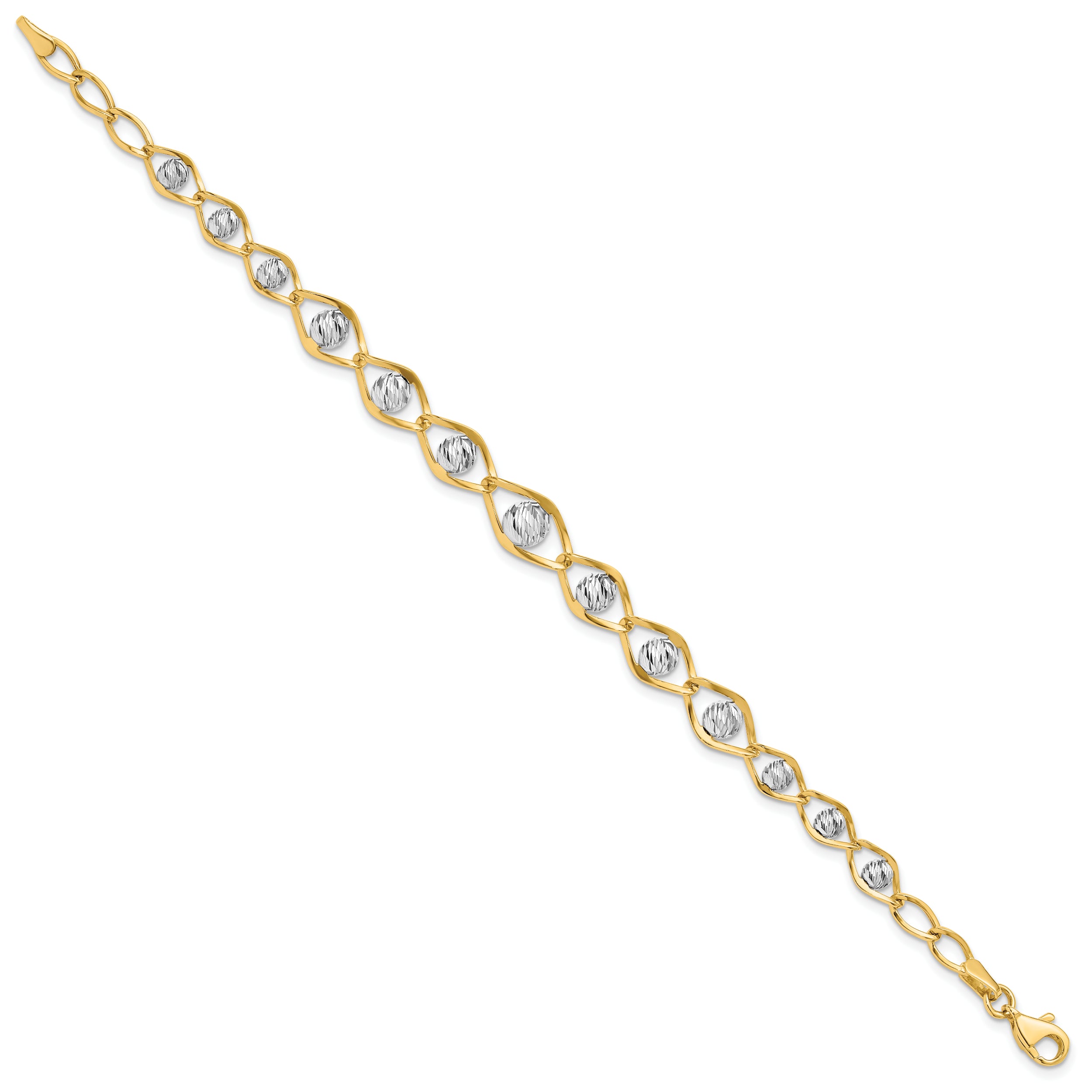 14K Two-tone Polished with Diamond-cut Beads Fancy Bracelet