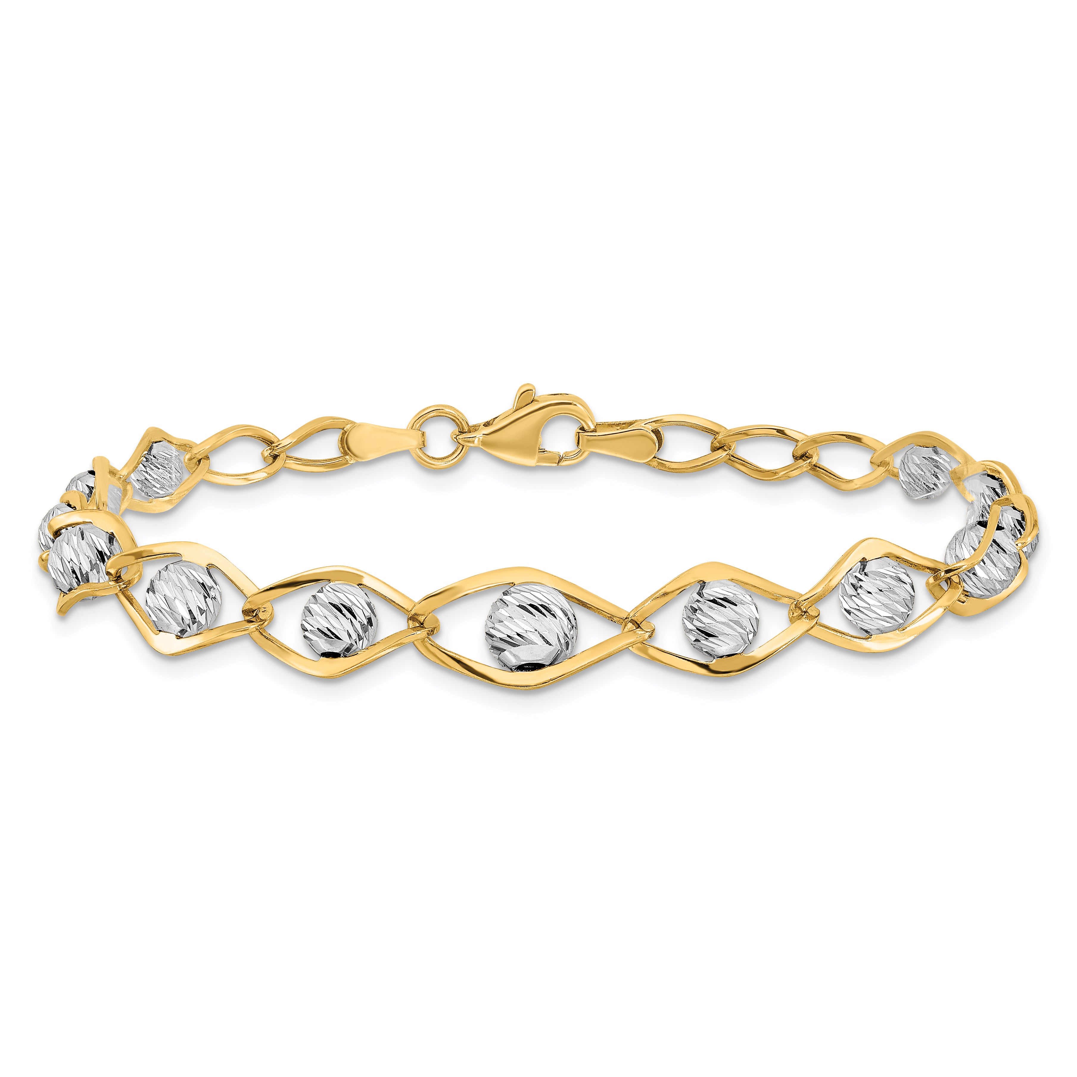 14K Two-tone Polished with Diamond-cut Beads Fancy Bracelet