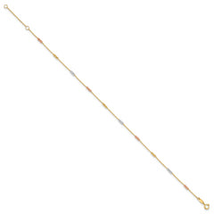 14K Tri-color Polished with D/C Beads 9in Plus 1in. ext. Anklet