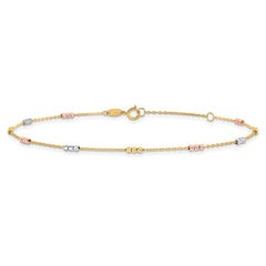 14K Tri-color Polished with D/C Beads 9in Plus 1in. ext. Anklet