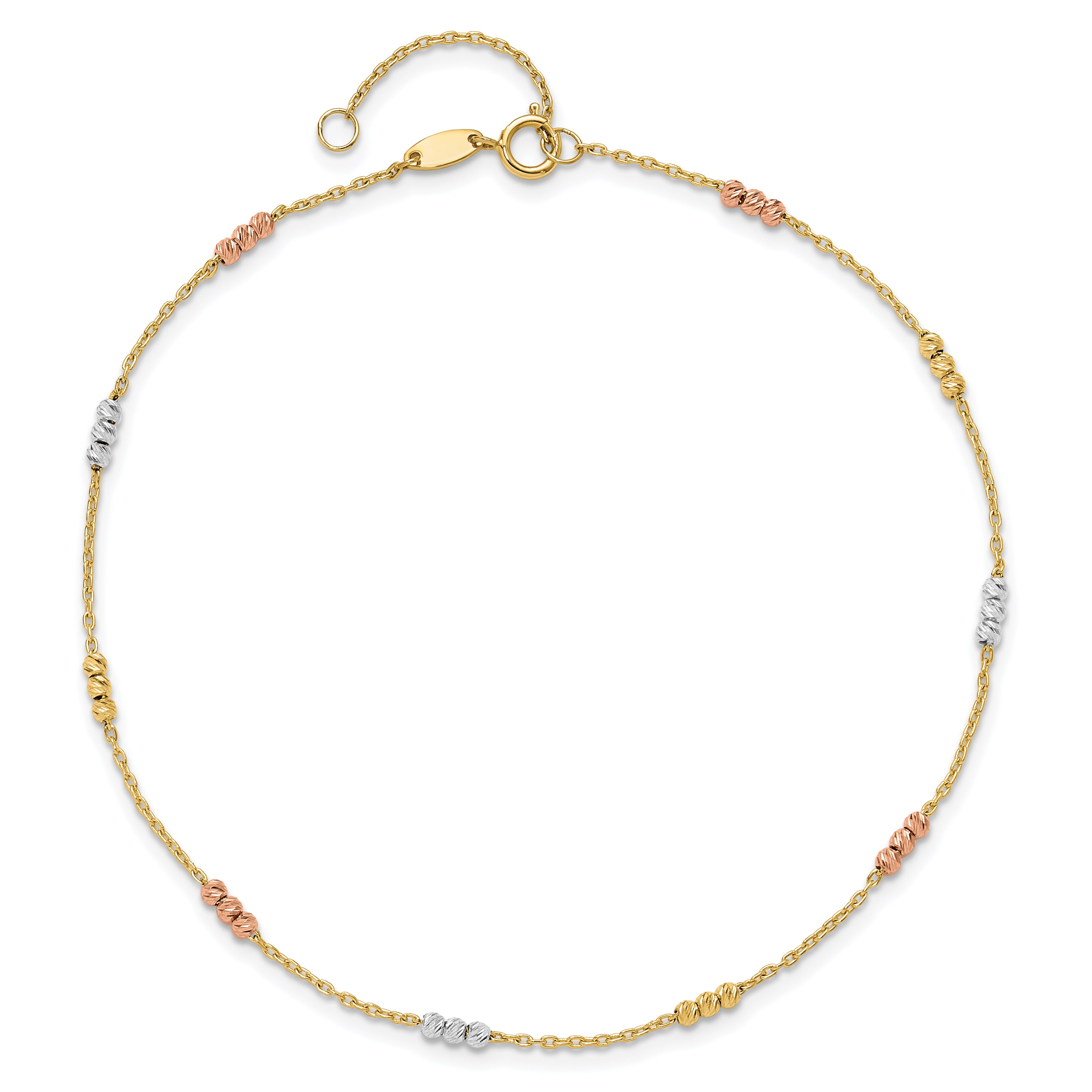 14K Tri-color Polished with D/C Beads 9in Plus 1in. ext. Anklet